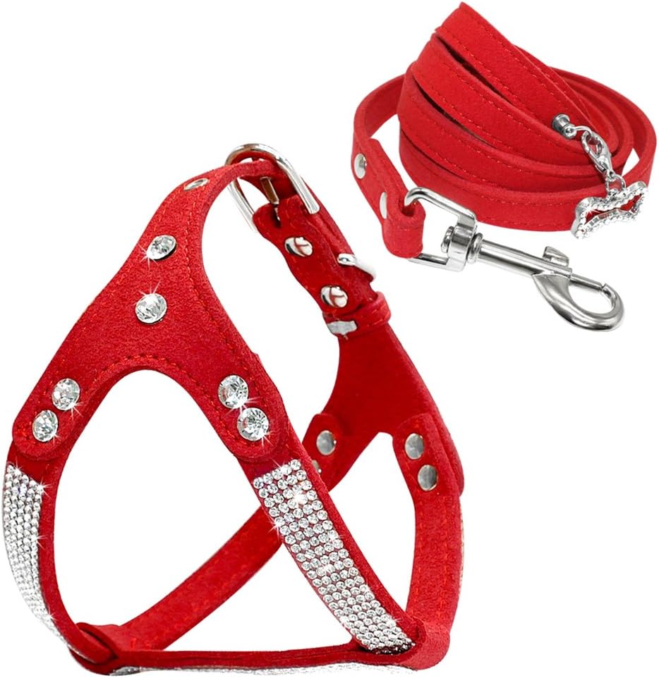 Soft Suede Leather Dog Harness and Leash Set Rhinestone Puppy Vest with Crystal Bone Pendant for Small Medium Pets Chihuahua Red L