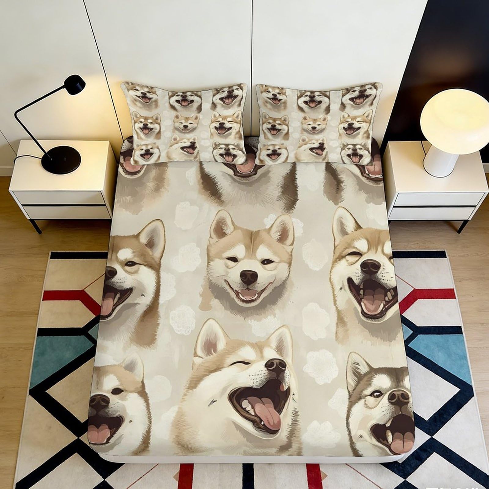 3D Printed Husky Dog Fitted Sheet Microfiber Soft Breathable Cartoon Animal Bed Cover for Bedroom Dorm Mattress Decor 90x200x25cm