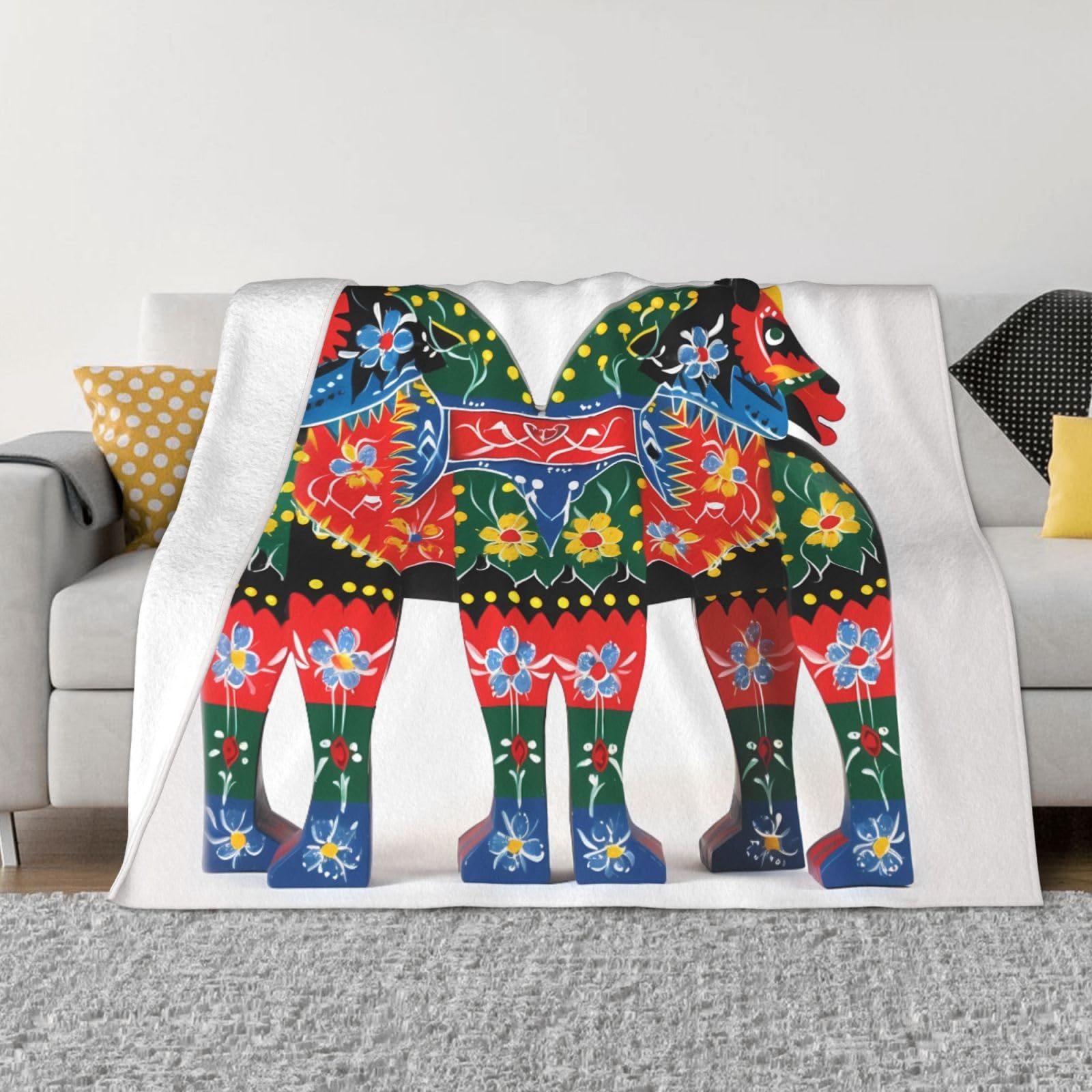 Runner Swedish Dala Horse Folk Flannel Blanket 50"x40" - Ultra-Soft Lightweight Throw Blanket for Bed, Sofa, and Couch - Luxury Air Conditioning Blankets - Cozy Warm Blankets for All Seasons