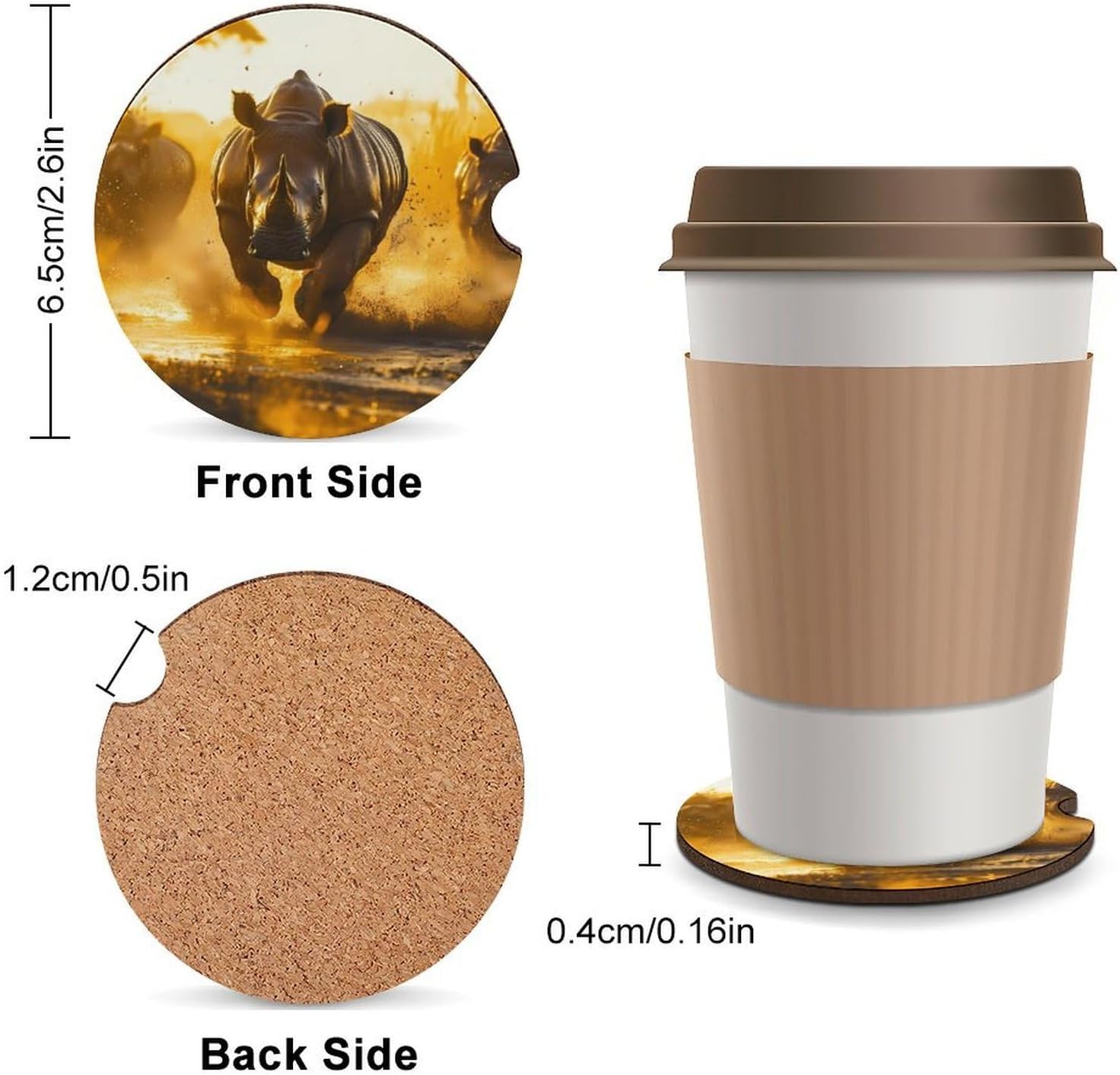 Rhino Running Cute Car Coasters 2.56 Inch Absorbent Cup Holder for Drinks Auto Interior Accessories