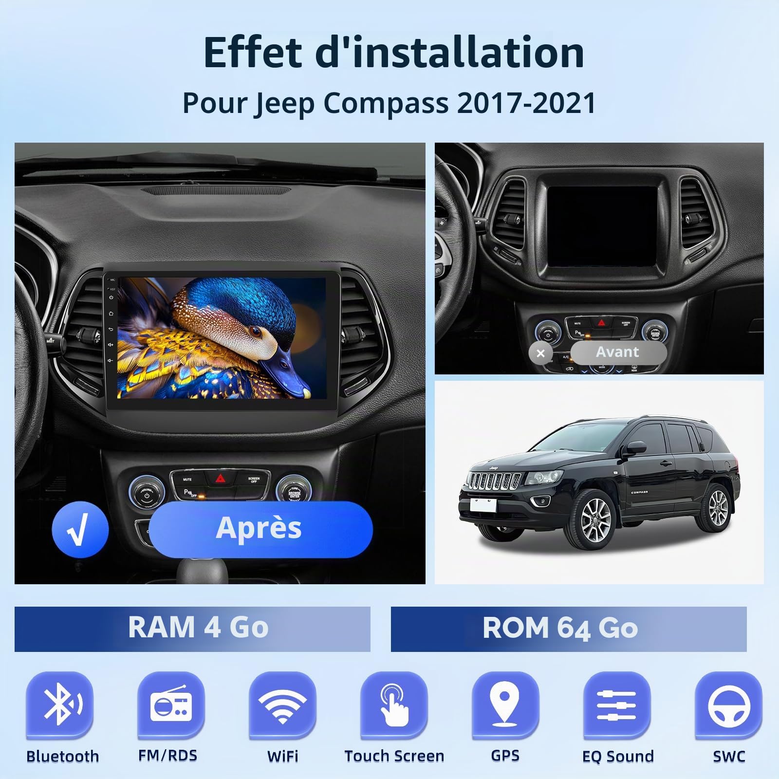 [4G+64G] Android Autoradio pour Jeep Compass 2017-2021 avec Carplay & Android Auto sans Fil, Écran Tactile IPS 10,1 Pouces avec GPS, WiFi, 32EQ, Bluetooth 5.0, Radio FM/RDS