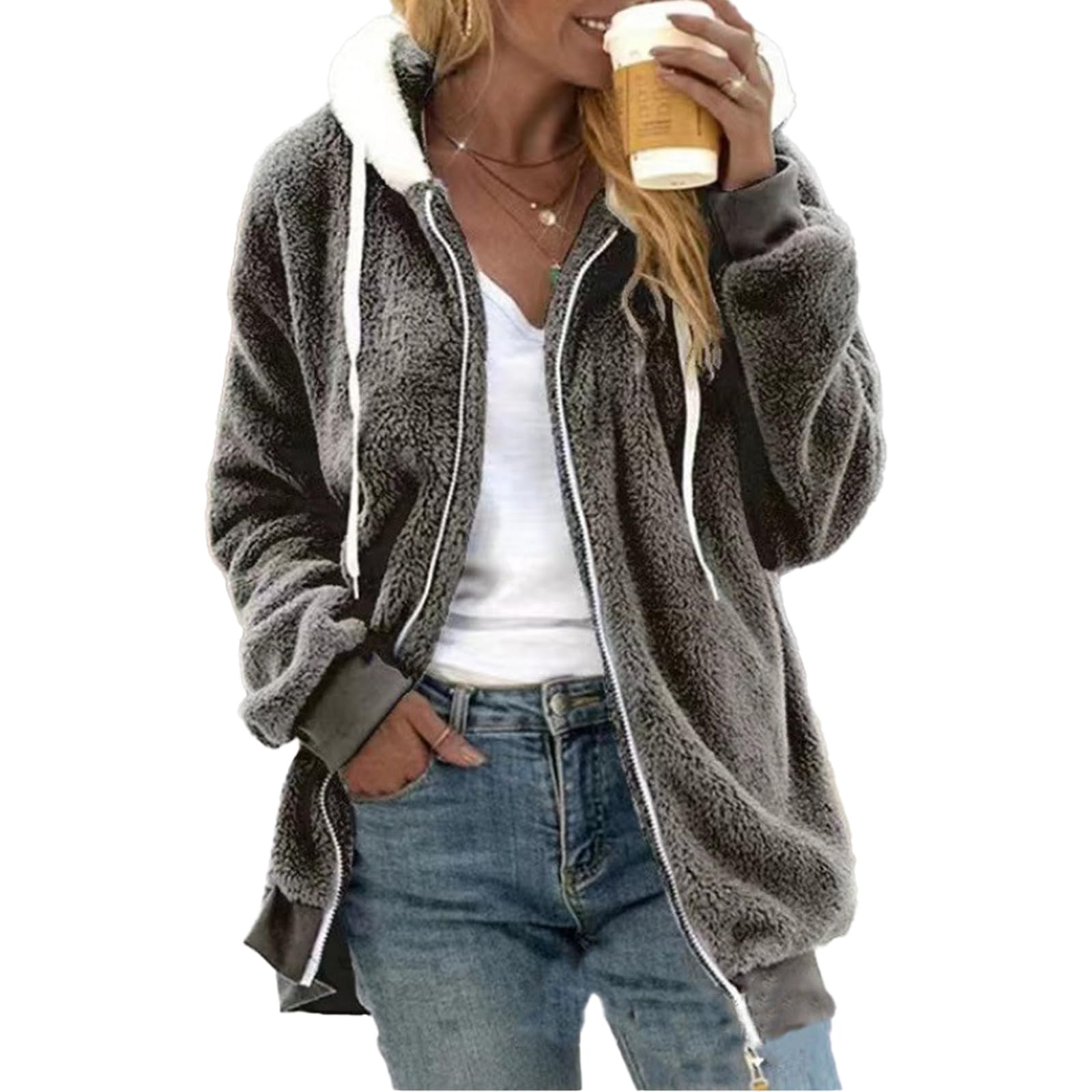 Winter Plush Coats for Women, Fleece Jackets, Warm Sherpa with Pockets (Dark Gray,XXL)