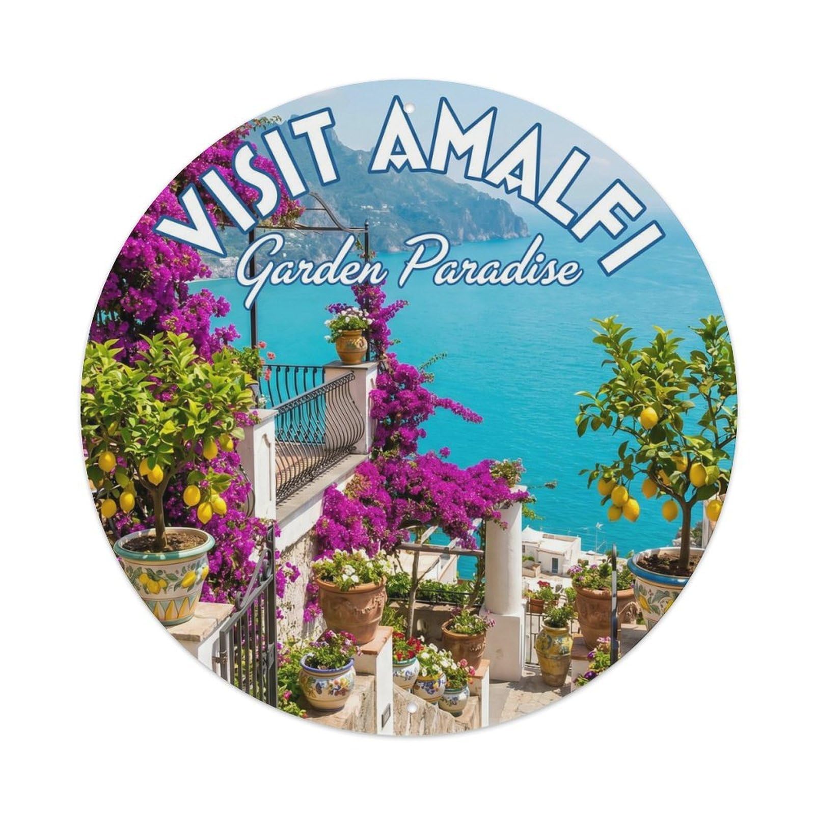 Italian Coastal Garden Historic Tourism Terrace Classic Metal Tin Sign Plaque Wall Decor for Cafe, Man Cave, Club Bar, Office, Home Garden Round Metal Poster 8x8Inch