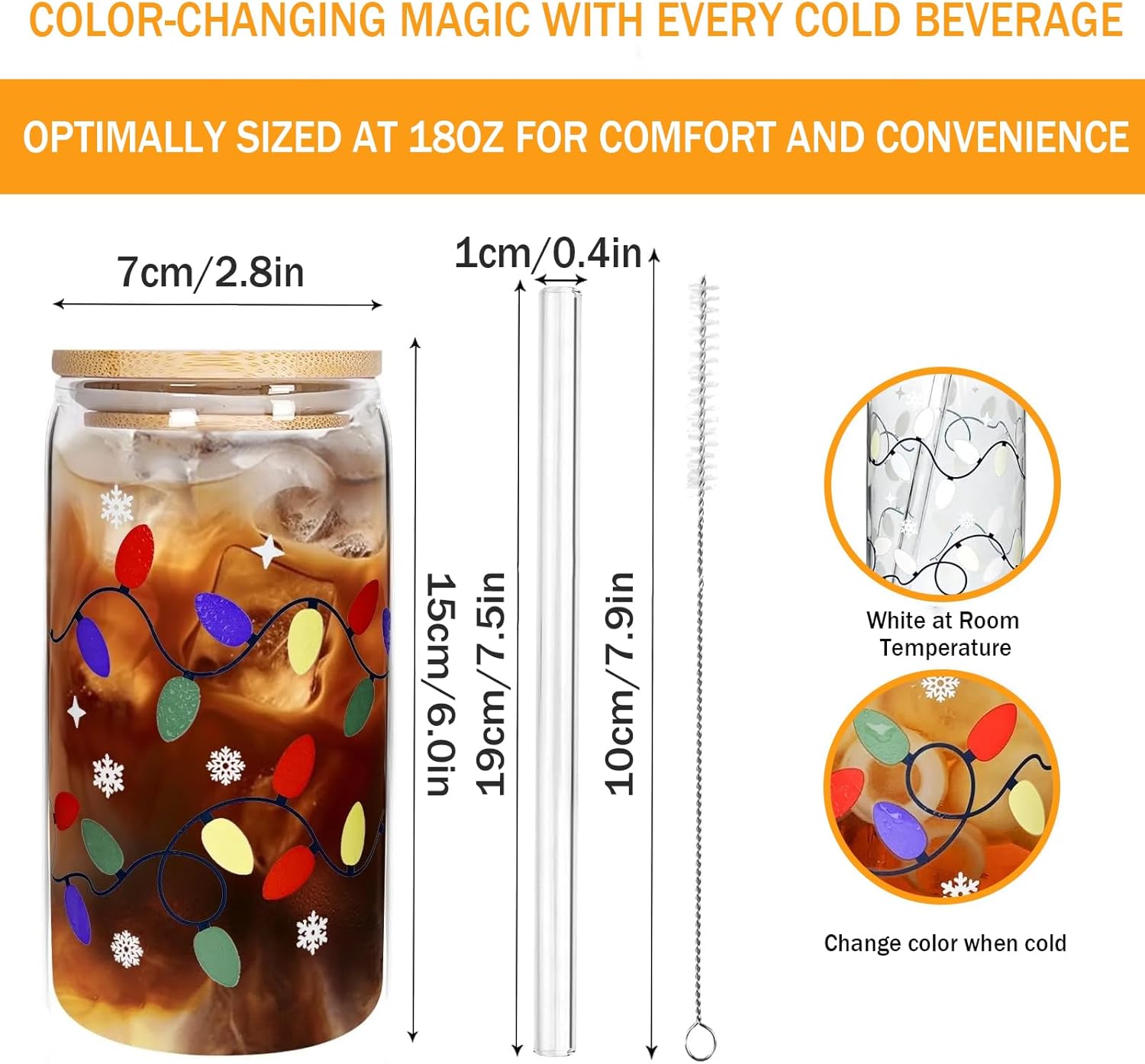 Color Changing Christmas Cup, Christmas Glass Cups with Lids and Straws, 18oz Iced Coffee Cup, Reusable Travel Coffee Mug for Holiday Gifts - Image 2
