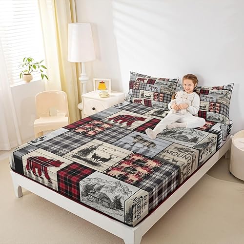 Miniatura 8 de Juego de sábanas rústicas de cabaña, tamaño King, bosque, lobo, ciervo, oso, para niños y adultos, ropa de cama a cuadros de búfalo rojo y negro,