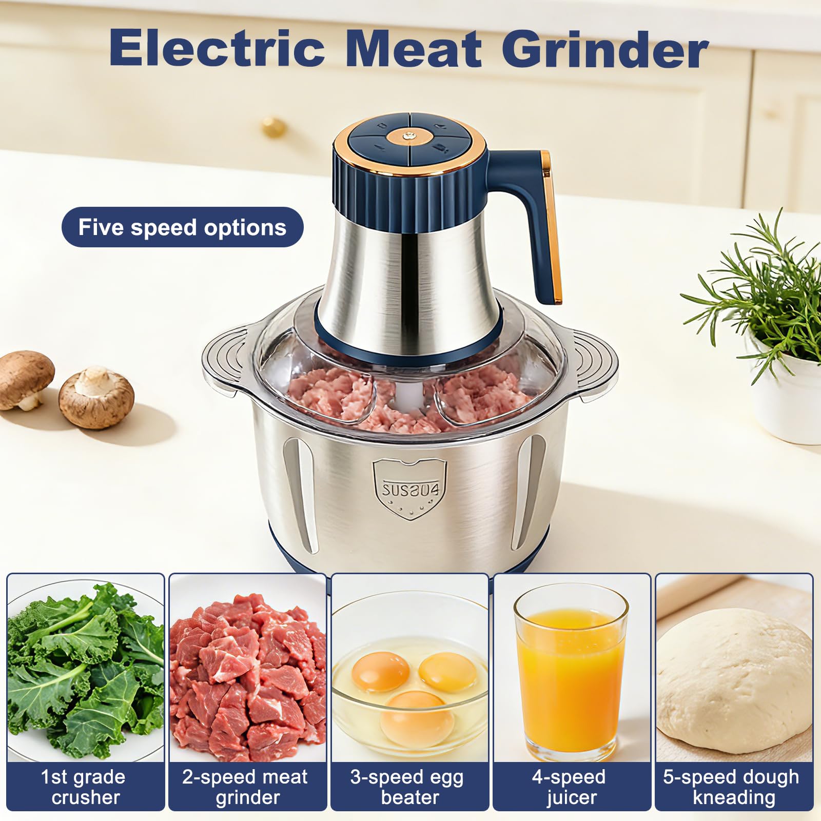 Zerkleinerer Küche Elektrisch 500W, 5L Edelstahl Zerkleinerer mit 5 Geschwindigkeiten Einstellbar für Gemüse, Multizerkleinerer Elektrisch, Obst & Fleisch