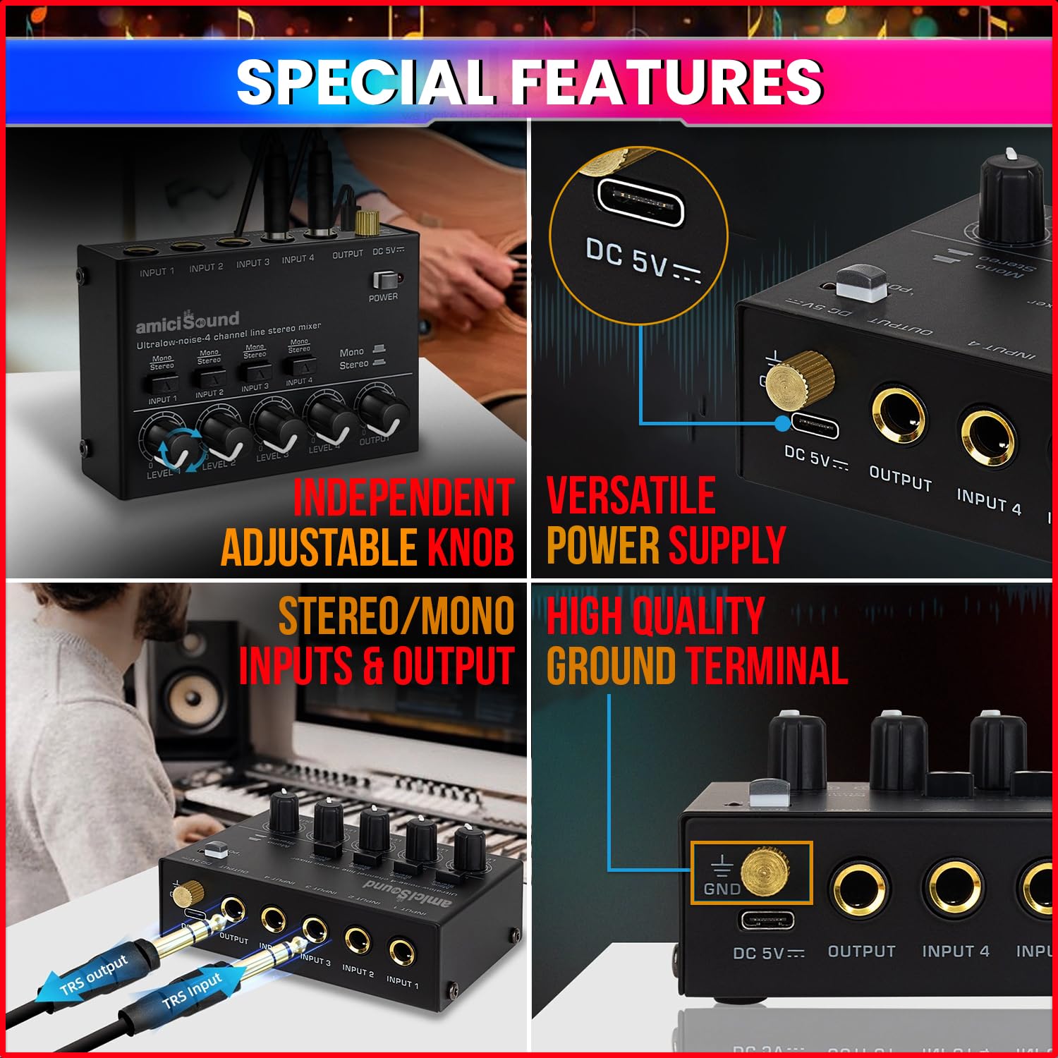 amiciSound Mini Audio Mixer – Ultra Low-Noise 4-Channel Stereo Line Mixer | 5V DC Type-C Powered | Independent Volume Control | Compact & Versatile Sub-Mixing for Guitar, Keyboard, Bass, Drum Sets - Image 5 thumbnail