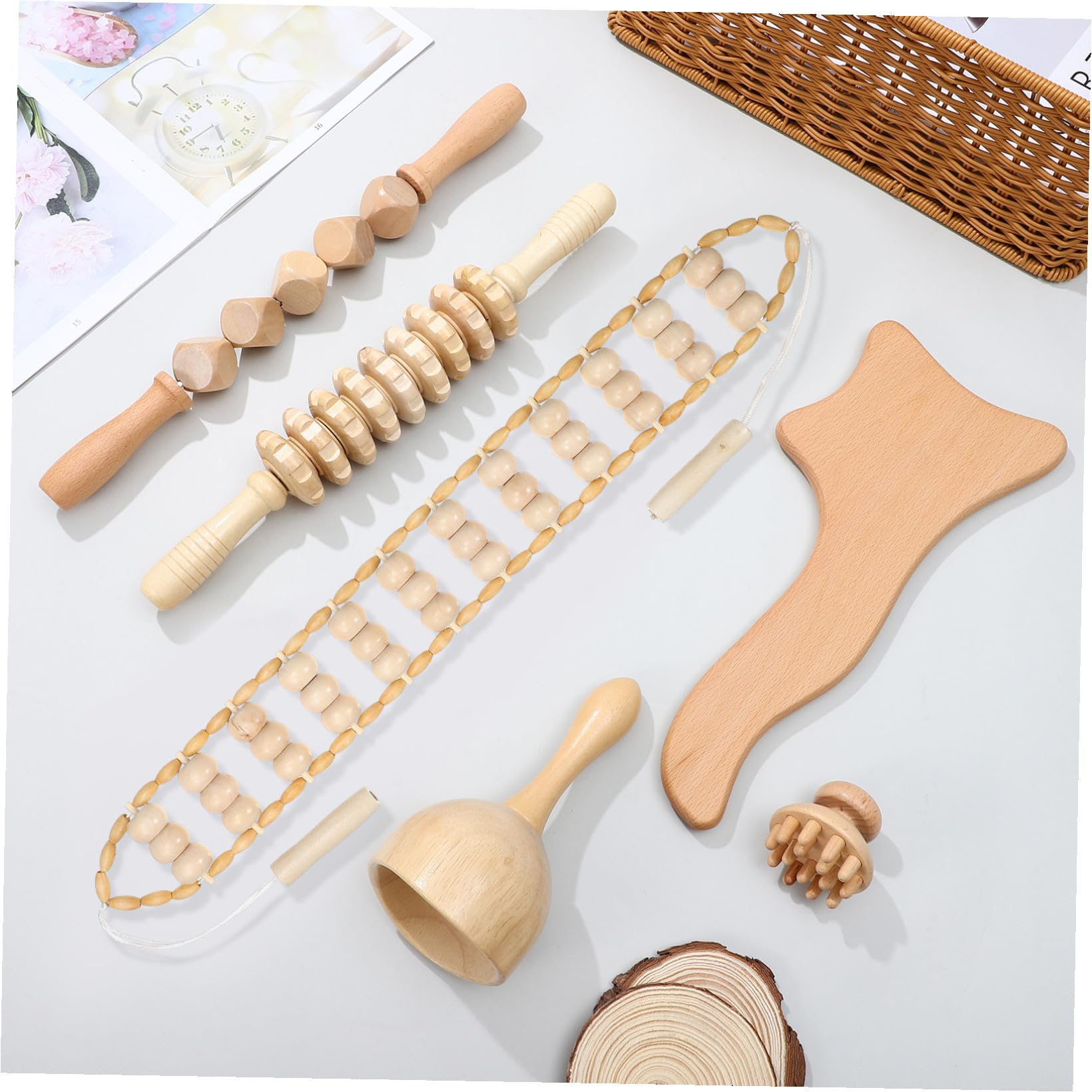 minkissy 6Stücke Massagewerkzeug aus Holz Teiliges Maderotherapie Kit für Muskelentspannung Holzrollen Konturbrett und Massagetafel für Nacken Schulter und Körperpflege