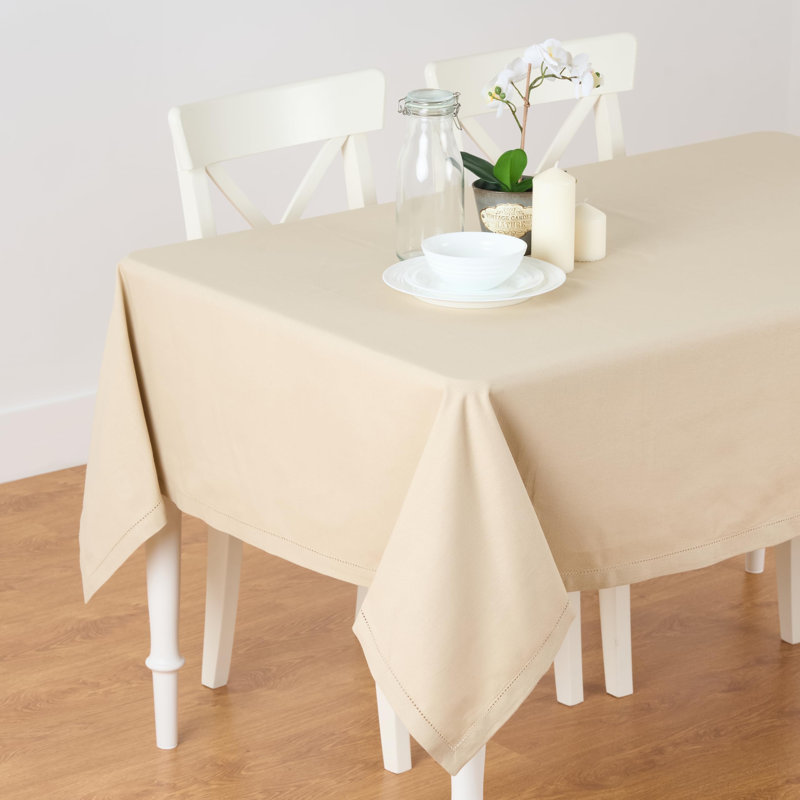 100% Cotton Table Cloth, Uni Plain Solid 142 x 96 cm (56”x 38”) Picotine Stitched, Stain Resistance, Reusable Table Cloth, Color - Beige-image-2