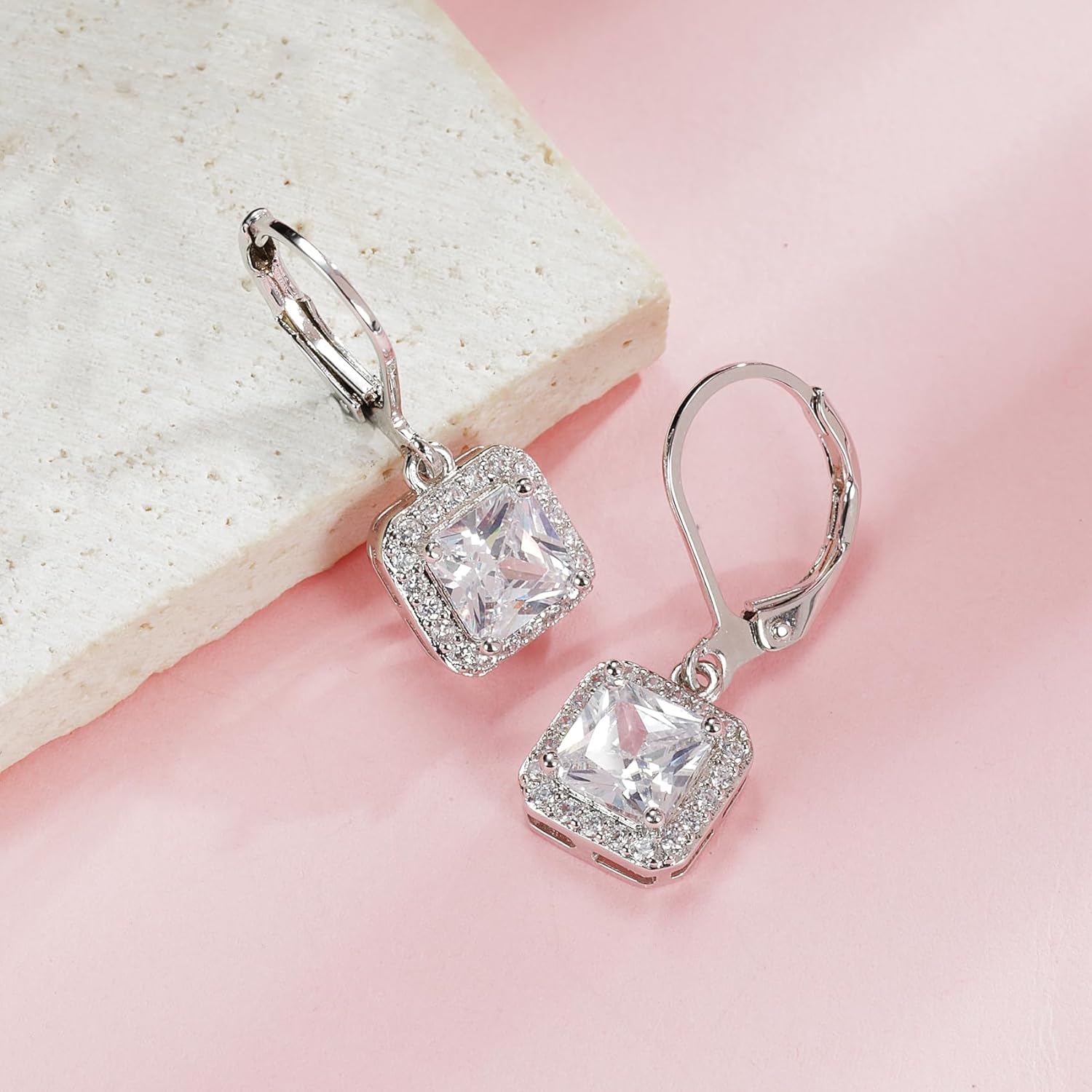 MDFUN Dangle Earrings 18K White Gold Plated Round Princess Halo Square Heart Teardrop Eye Cut Clear Cubic Zirconia Drop Earrings for Women Hypoallergenic - Image 4