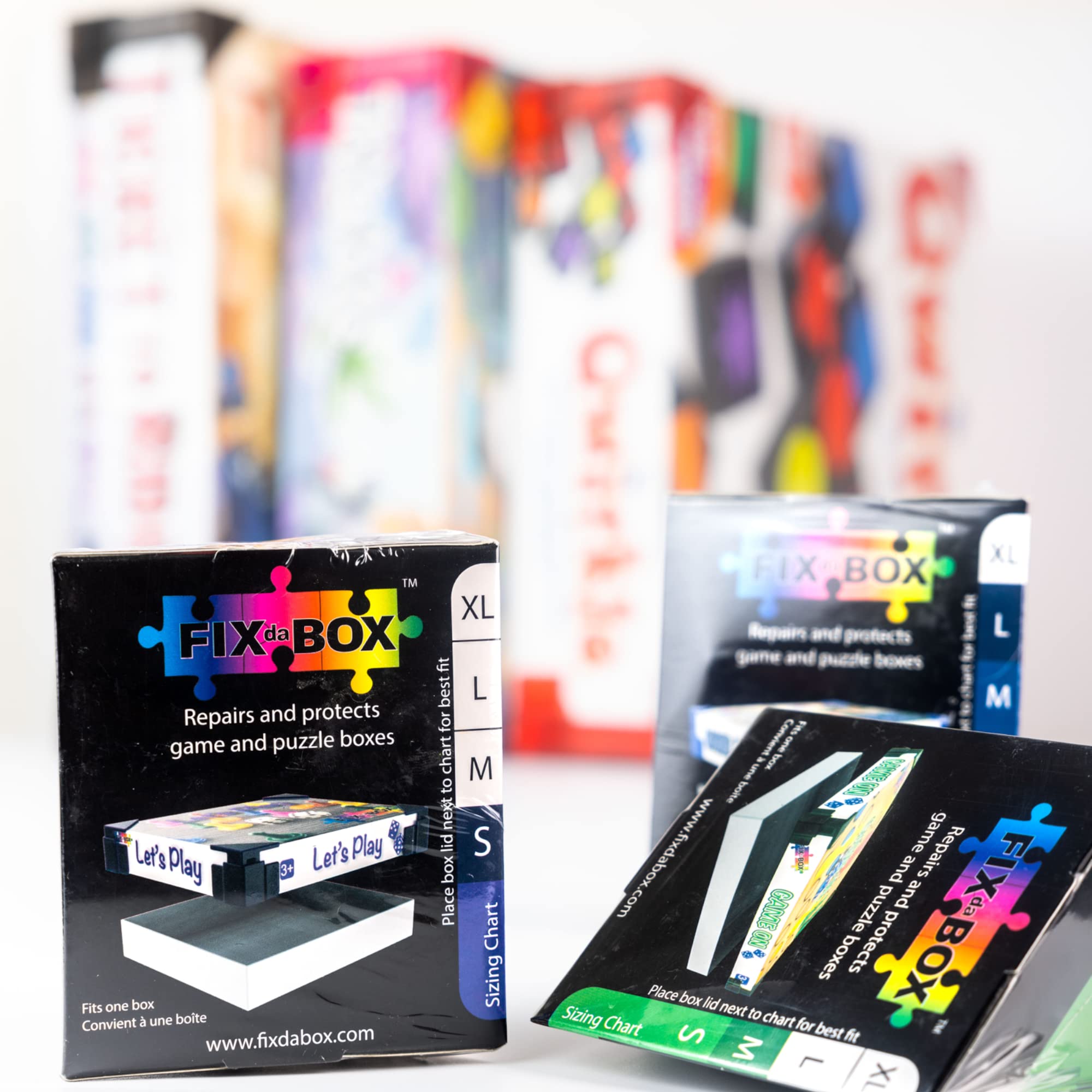 FixDaBox Variety 3 Pack: Repair & Protect Your Game and Puzzle Box. 3 sets to fit 3 boxes. Clip over corners to reinforce box. Protect new boxes. Mix of sizes and colors.