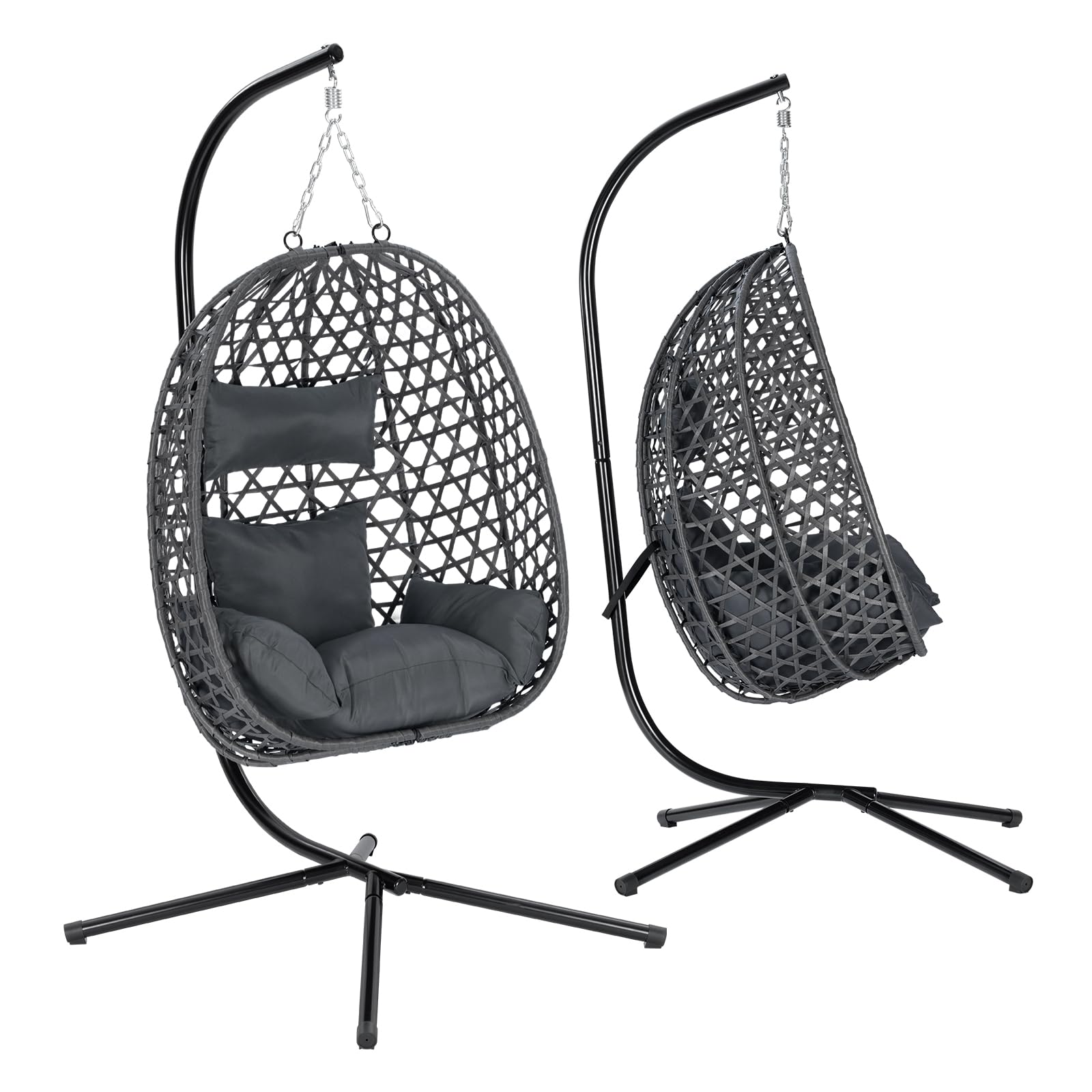 WOLTU Poltrona Sospesa a Uovo con Supporto in Metallo, Cuscino e Poggiatesta, Rattan PE, 102x100x196 cm, Grigio