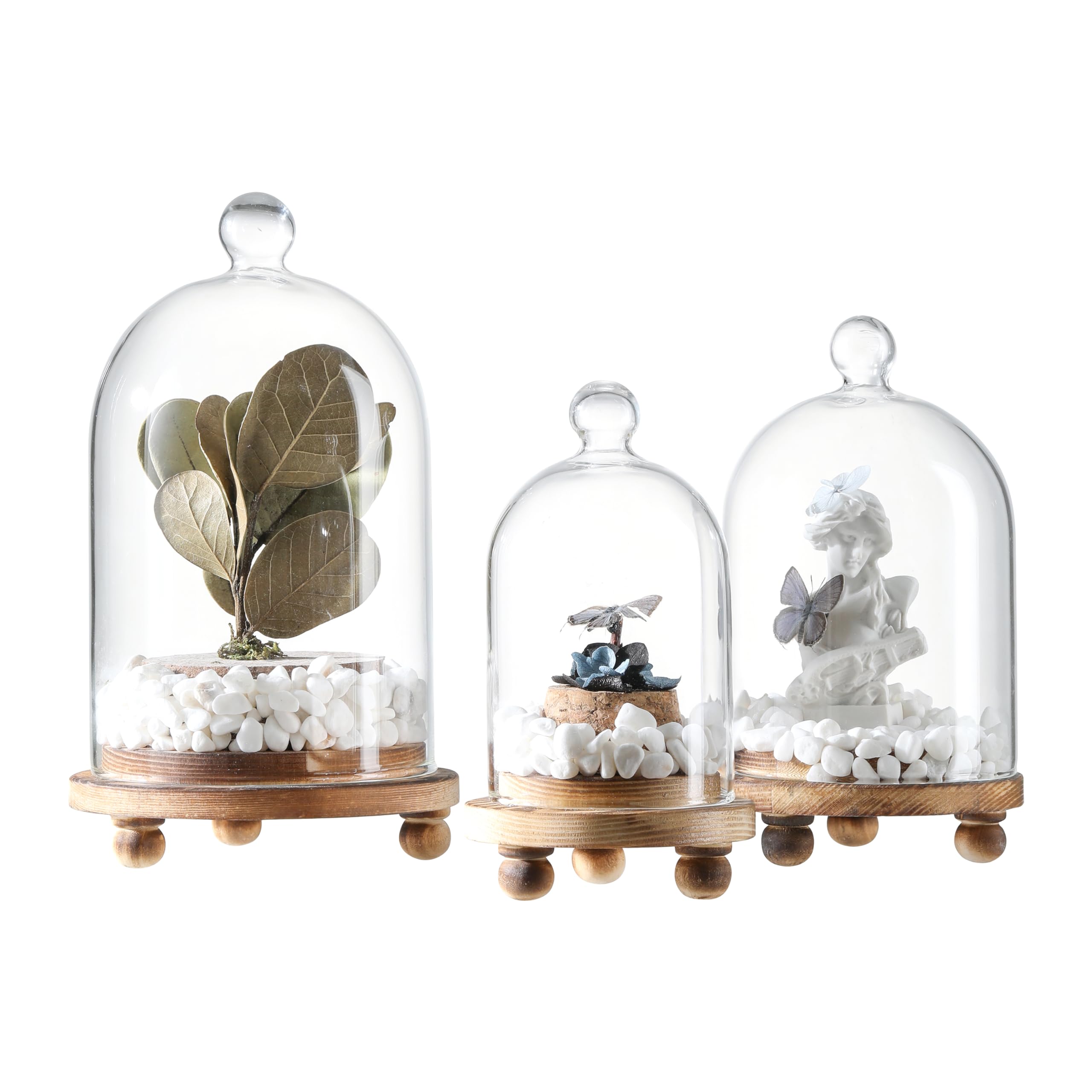 KMwares3pcs Glass Bell Shape Dome | Cloche Display various decor and accessories with Wood Base (Small)