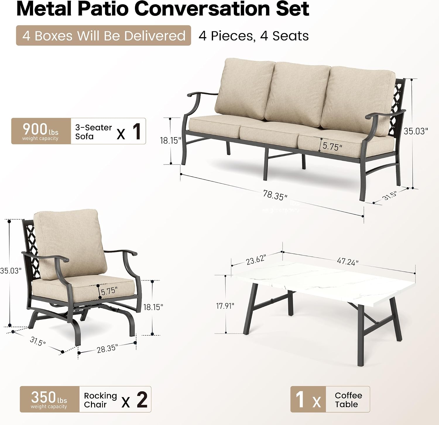 SUNSHINE VALLEY Patio Furniture Set, 4 Piece Modern Metal Outdoor Patio Furniture, 3 Seater Sofa, 2 Rocking Chairs, Coffee Table and 5.75" Extra Thick Cushion, Patio Conversation Set for Deck Backyard