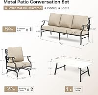 Vista 6 de Juego de muebles de patio, 4 piezas de muebles modernos de metal para exteriores, sofá de 3 plazas, 2 sillas mecedoras, mesa de centro y cojín extra