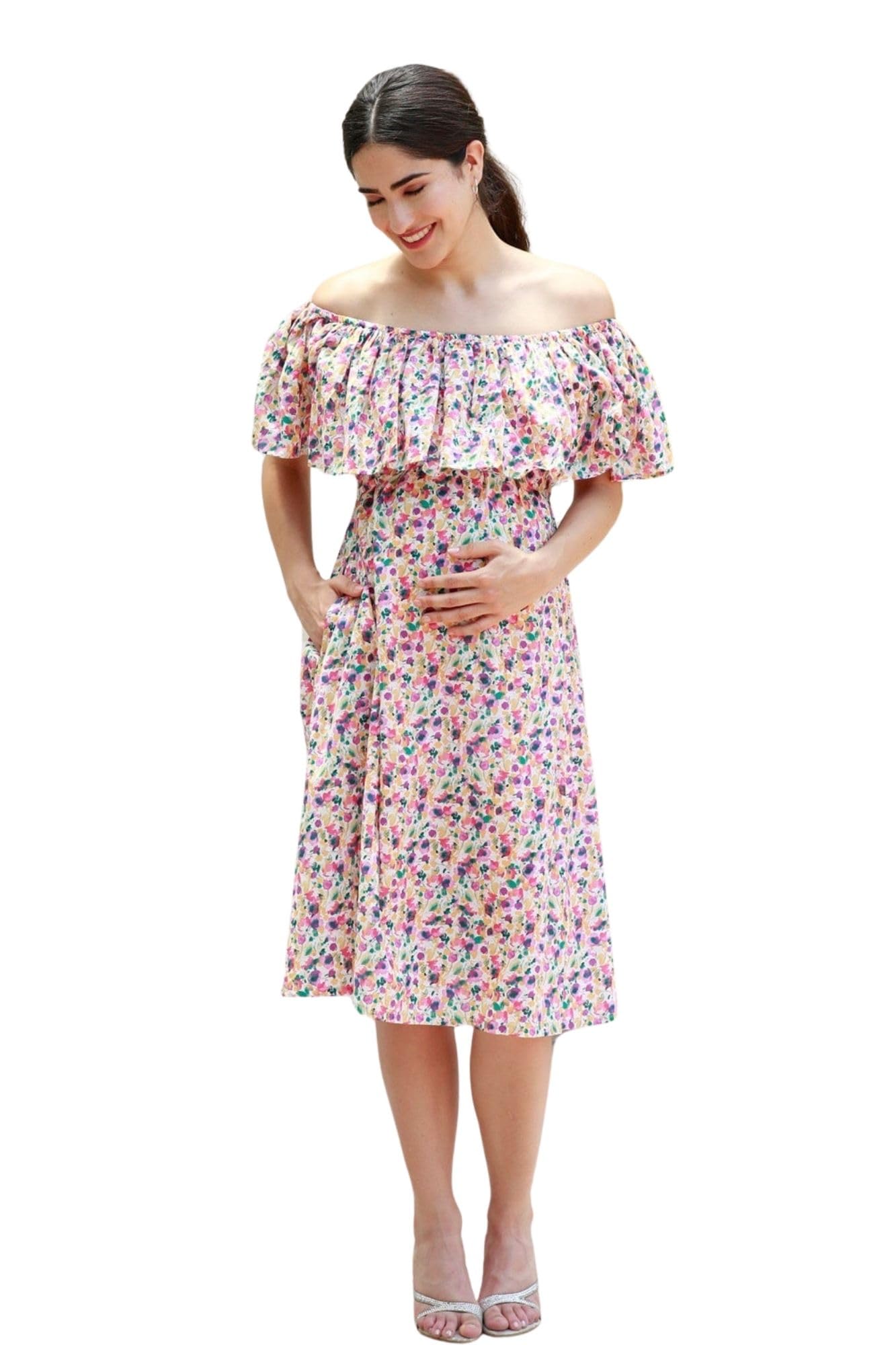 Candy Rosy Pink Off-Shoulder Maternity Frill Dress for Women-image-22