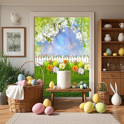 Miniatura 2 de Fondo de fotografía de primavera de 5 x 7 pies, fondo de Pascua, tela duradera, telón de fondo de Pascua, huevos de primavera, cielo, flores, hierba