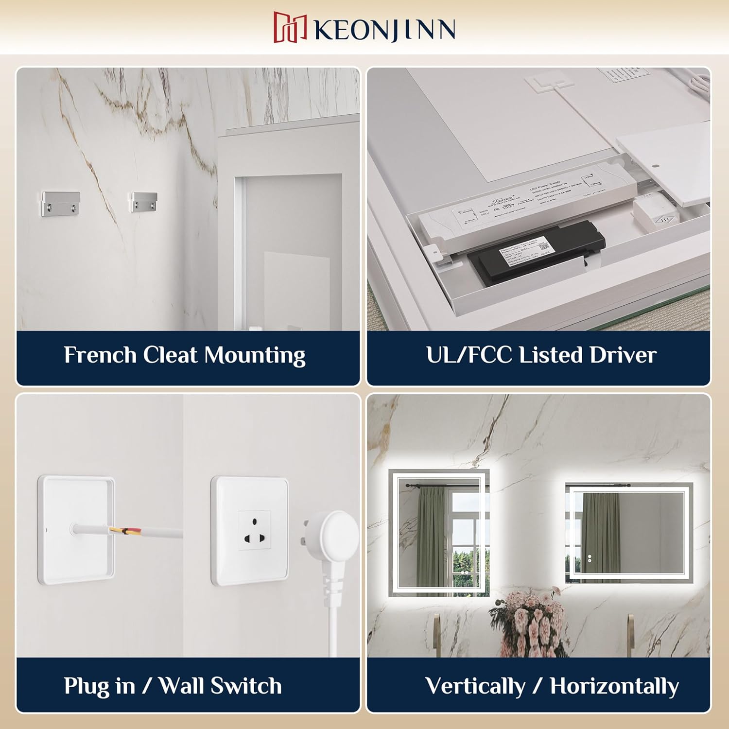 Keonjinn 40" x 36" LED Mirror for Bathroom, Frontlit & Backlit Bathroom Mirror with Lights, HD Tempered Glass, Fast Defogging, 3 Color Lights, Dimmable, Memory Function, Vertically/Horizontally