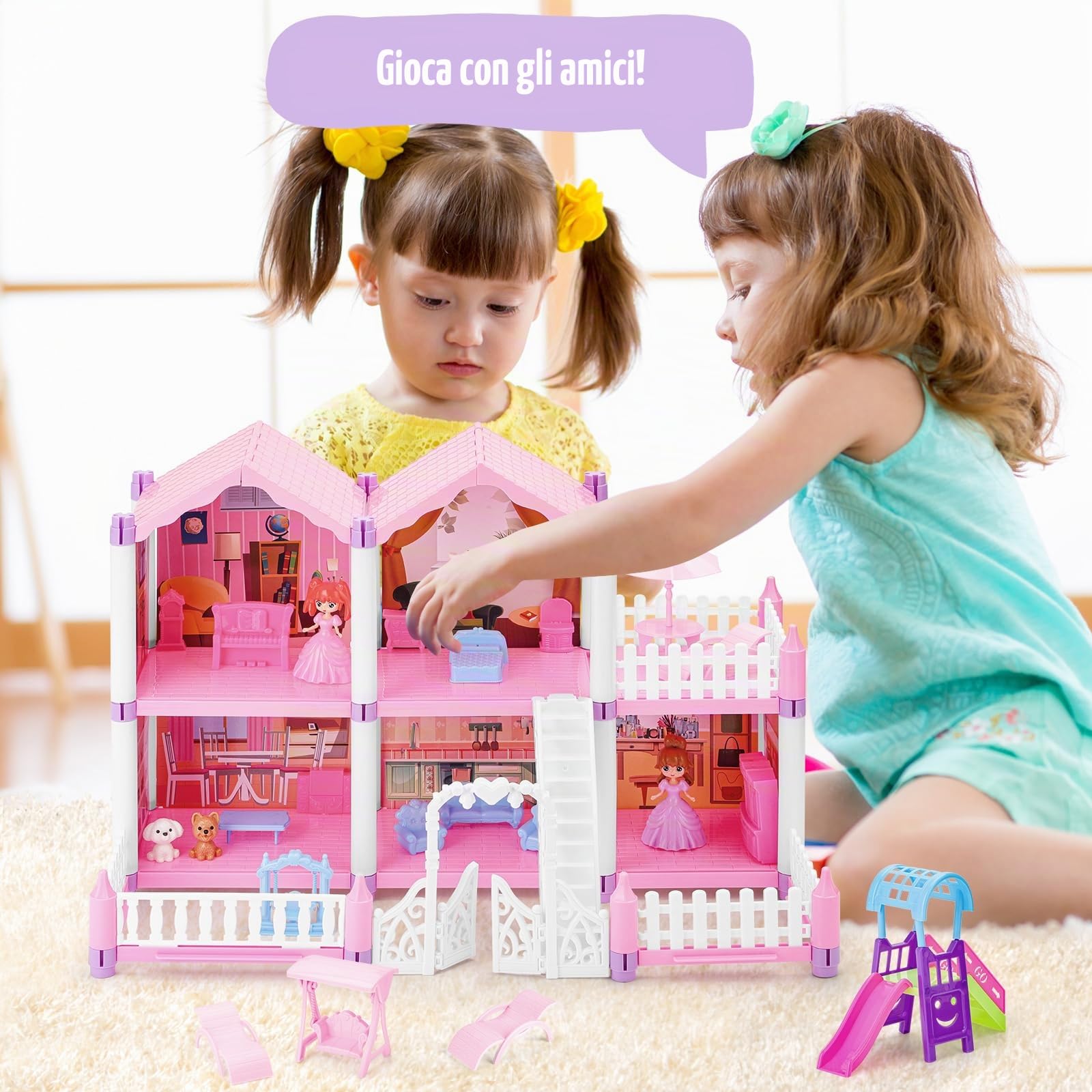 deAO Casa delle Bambole Piccola con 2 Bambole, Mobili e Accessori, Villa dei Sogni con 5 Stanze, 1 Terrazza e Giardino, Gioco Creativo per Bambine 3-8 Anni, Rosa