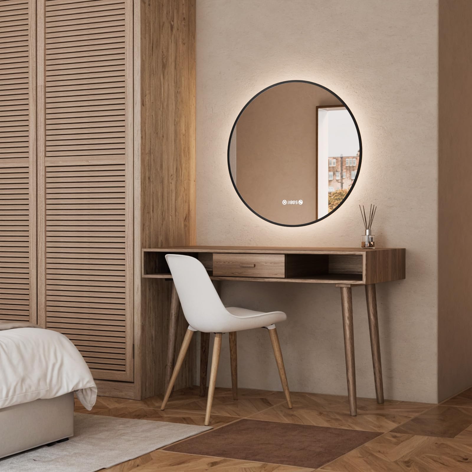 S'AFIELINA Specchio Bagno con Luce rotondo Ø 60 × 3 cm (P), Cornice Nera, Touch, Dimmerabile, Antifog, Orologio, Temperatura, Funzione Memoria, Specchio Bagno Retroilluminato, HD Vetro Temperato