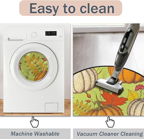 Miniatura 5 de Autumn Colorful Pumpkin Maple Leaves Round Rug, 3 Ft Washable Soft Circular Floor Mat, Non Slip Low Pile Area Rugs for Kids Room Bedroom Bathroom