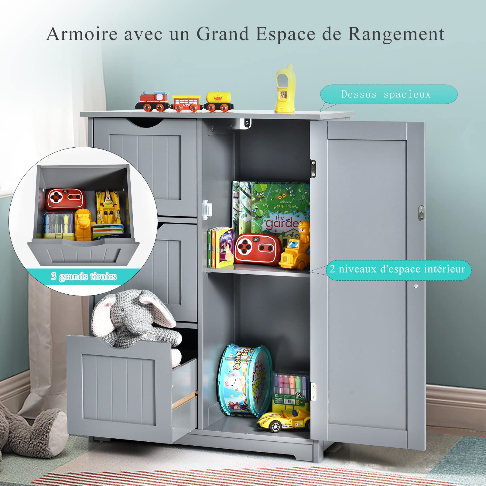 COSTWAY Meuble de Salle de Bain avec 3 Tiroirs, 1 Placard, Rangement Salle de Bain Étagère Réglable pour Salon, Chambre, Entrée, 58x28x81cm(3 Tiroirs - Gris)