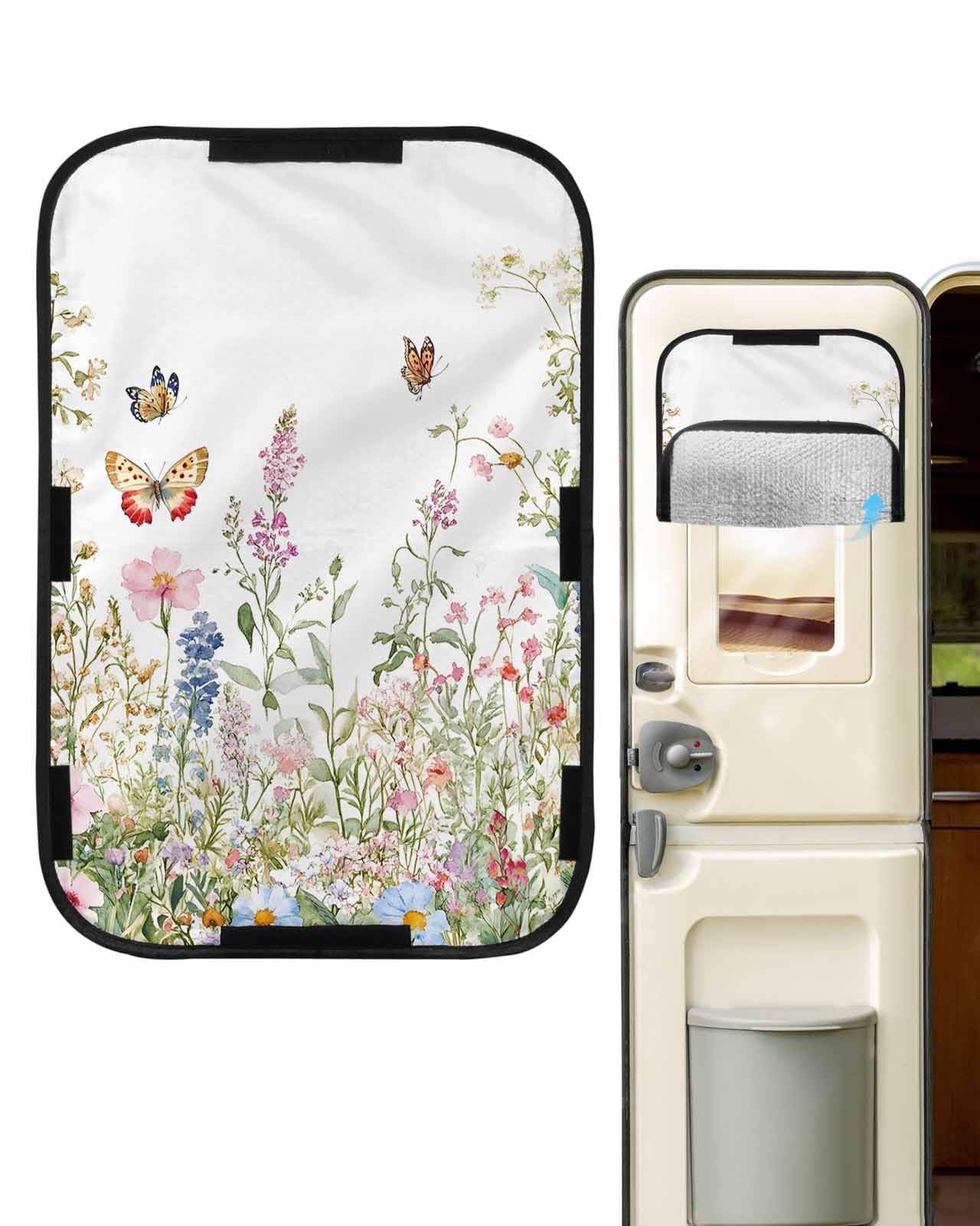 LEOKOTI RV Door Window Shade, Spring Floral Blackout RV Window Shades Foldable, Butterfly Summer Flowers Pastoral Watercolor Privacy Insulation Car Covers 16