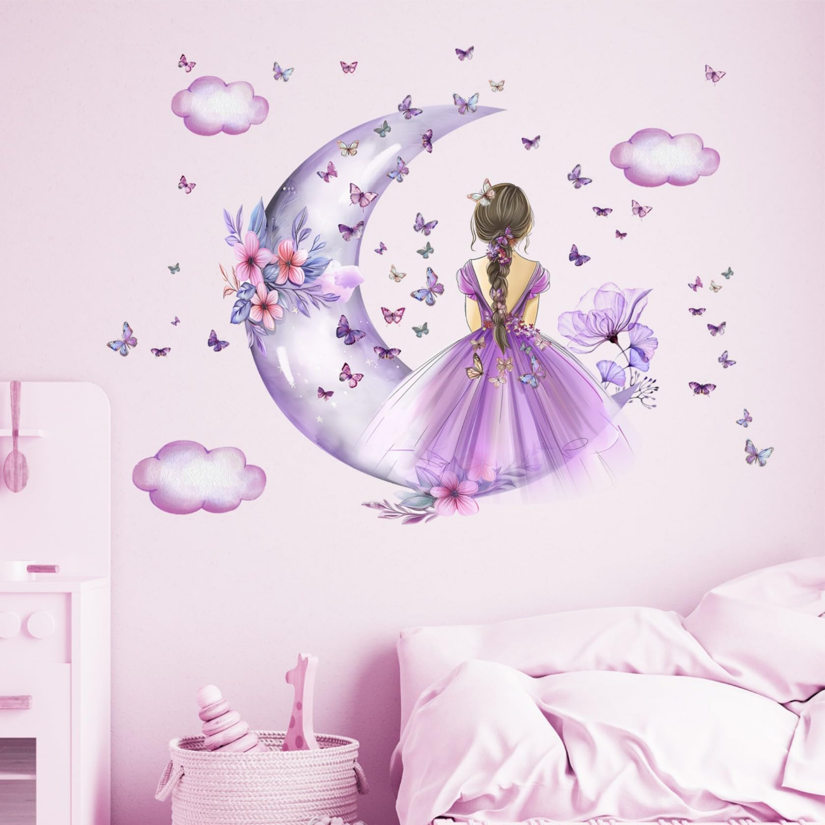 Lekabee Girls Purple Butterfly Wall Sticker,Moon Clouds Flower Fairy Wall Decal,Floral Wall Mural Butterflies Wall Art For Baby Nursery Bedroom Playroom