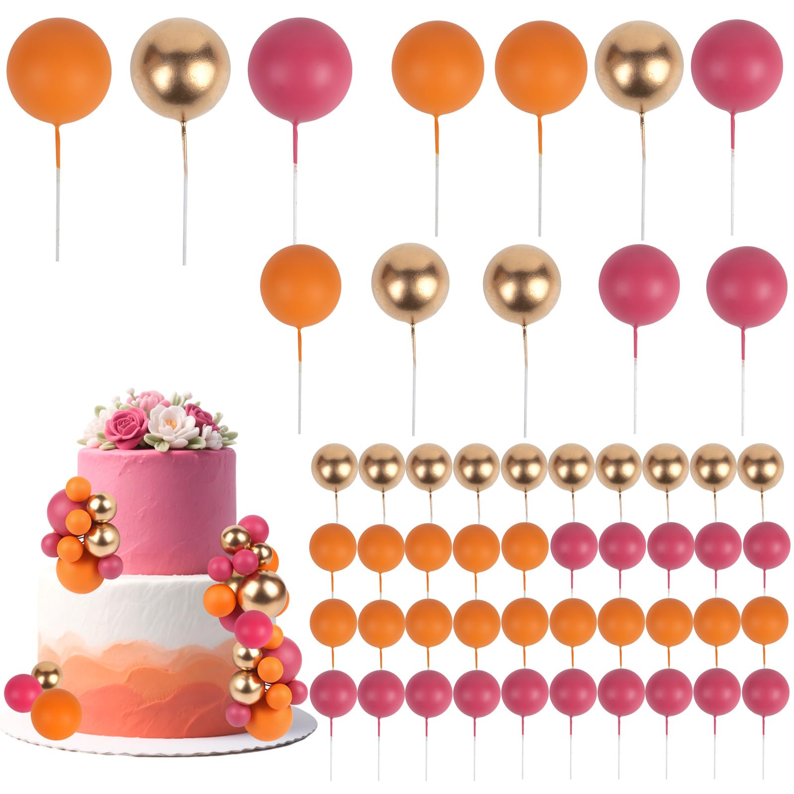 Funmemoir 52pcs Ball Cake Toppers, Pink Orange Gold Ball Cake Decorations Mini Balloons DIY Cake Insert Topper for Birthday Baby Shower Wedding Party Supplies