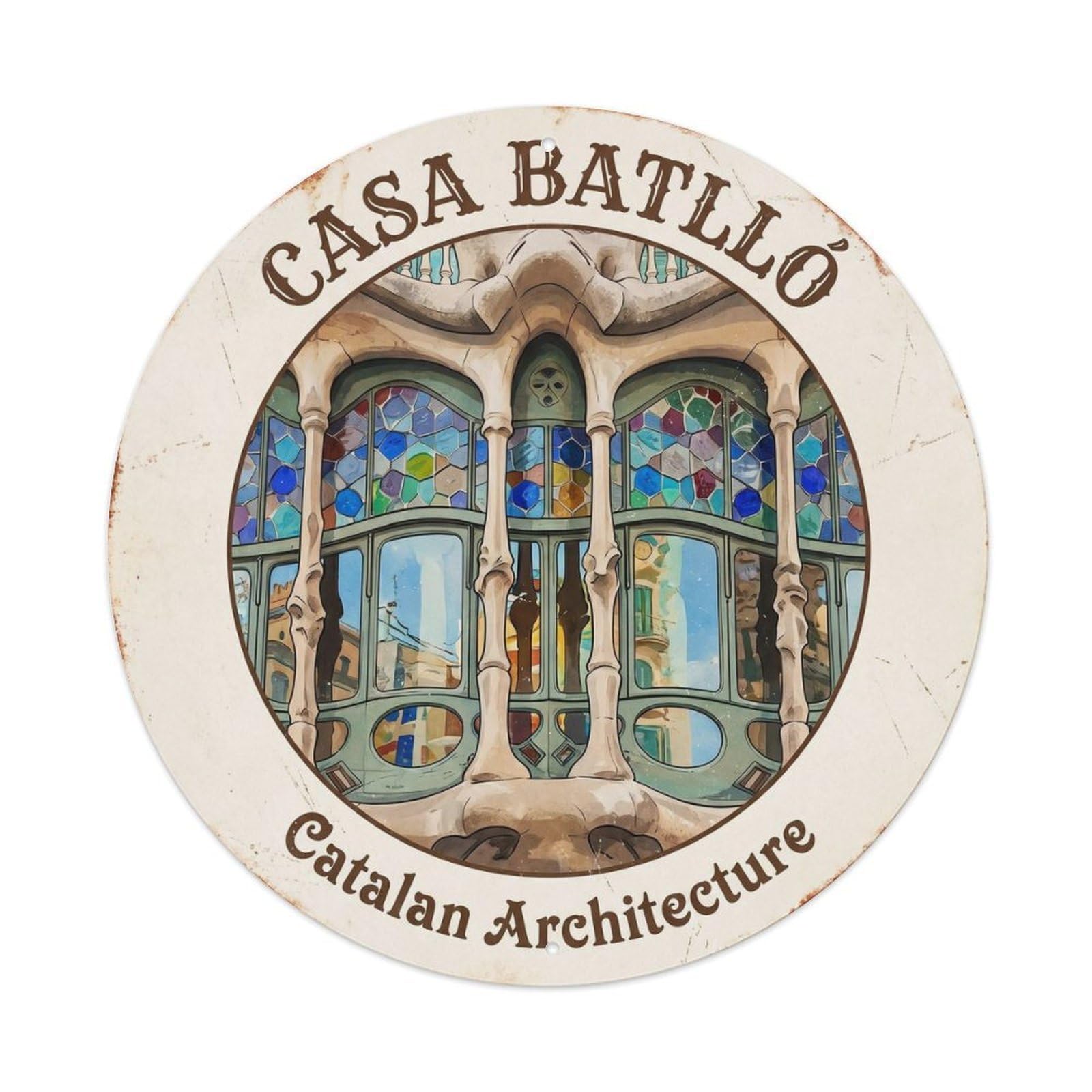 Barcelona Catalan Facade Landmark Vintage Modernist Travel Metal Tin Sign Plaque Wall Decor for Cafe, Man Cave, Club Bar, Office, Home Garden Round Metal Poster 8x8Inch