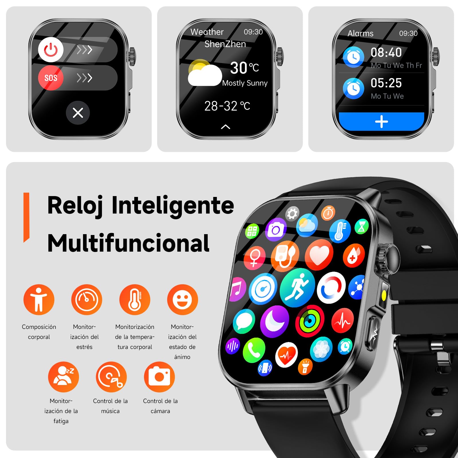 2026 Reloj Inteligente con ECG+HRV/Presion Arterial/Sueño/SpO2/Hombre Mujer | 2,0" HD Reloj Salud, Composición Corporal/24H Pulsómetro, Temperatura Corporal/IMC/Microchequeo/SOS/ /LED/Fatiga/Emociones