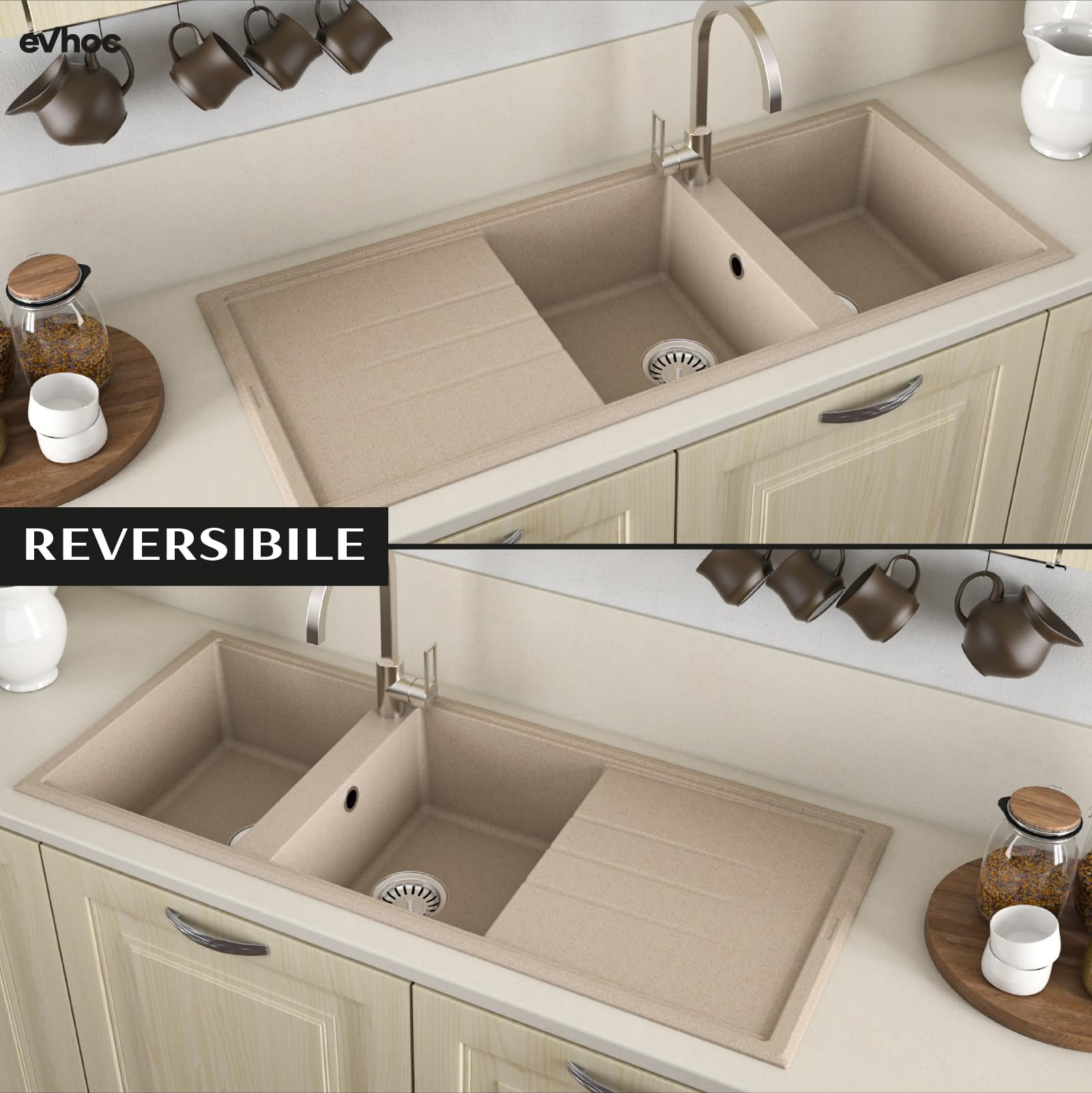 EVHOC Lavello Sopratop 116x50 cm, 2 Vasche con Gocciolatoio, Lavandino Reversibile per Cucina, Piletta Inclusa, Made in Italy, Avena, ADHOC L