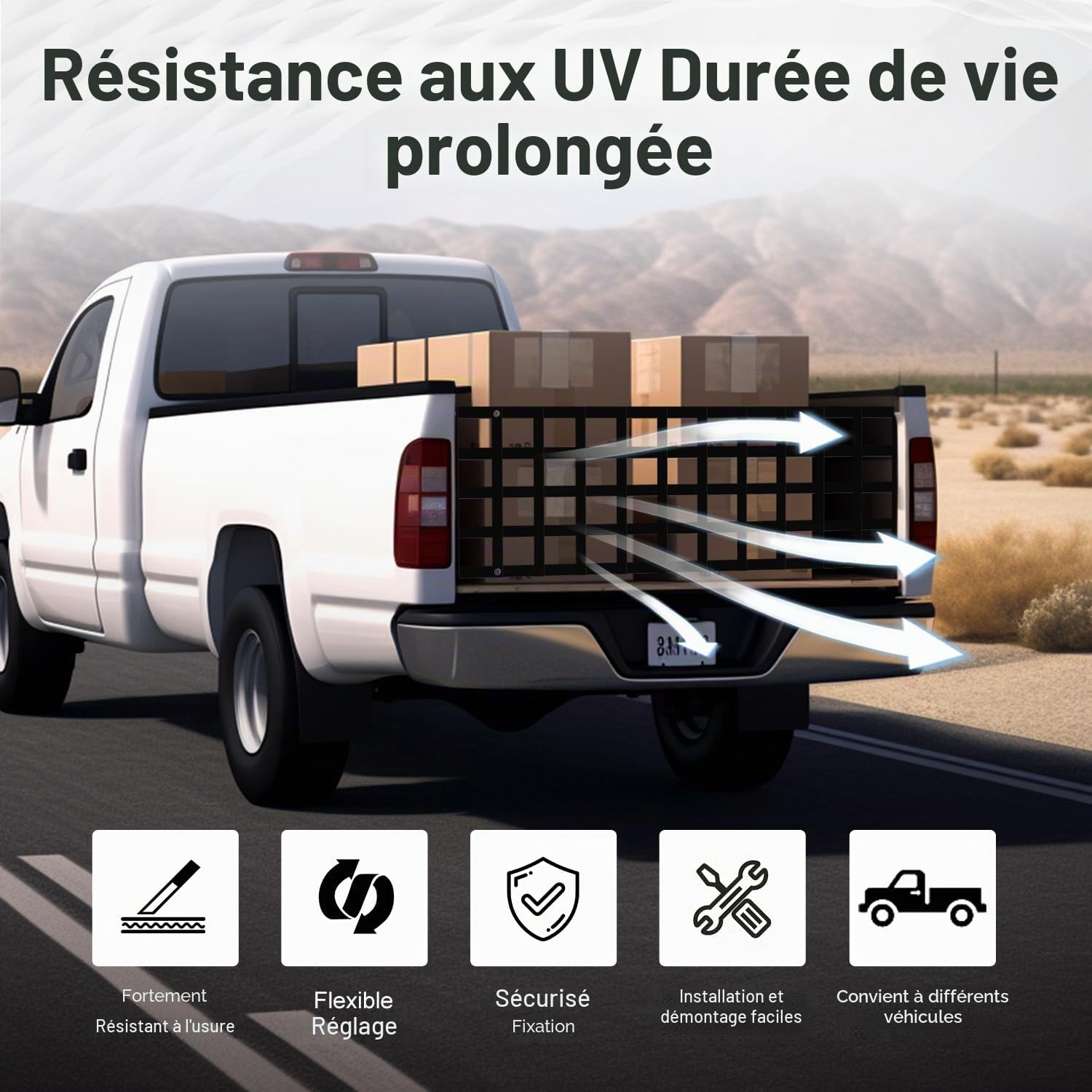 Tailgate Filet cargo pour la plupart des camions de taille moyenne, 160 x 45 cm, compatible avec Ford, Chevy, Dodge, Ram - Filet d'extension de porte de queue pour lit de pick-up - Noir