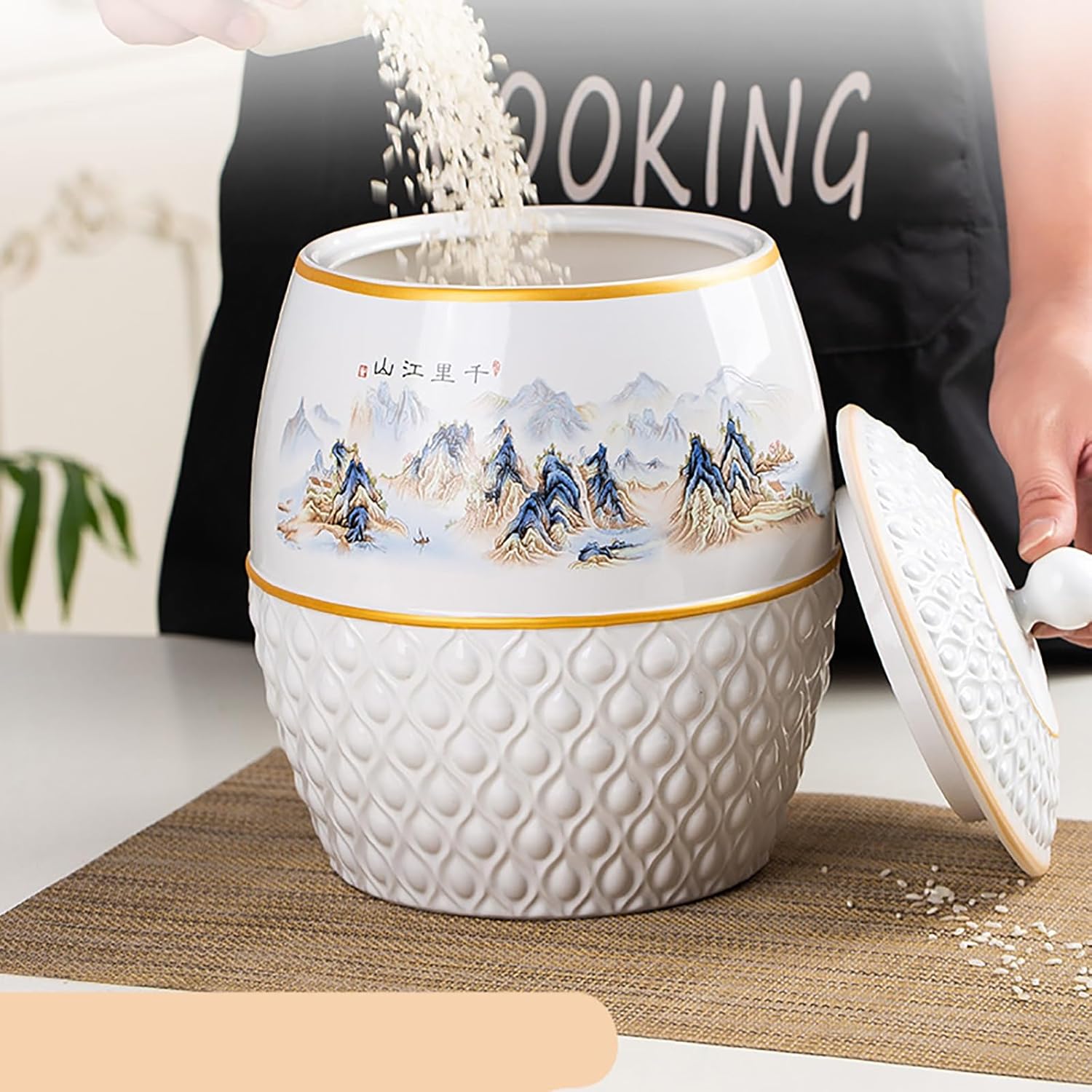 Rice Jar Ceramic Tea Ceramic Container Large Capacity Ceramic Cylinder Ceramic Storage Bucket Cereals Grains Sealed Jar Chinese-Style Food Storage(D)