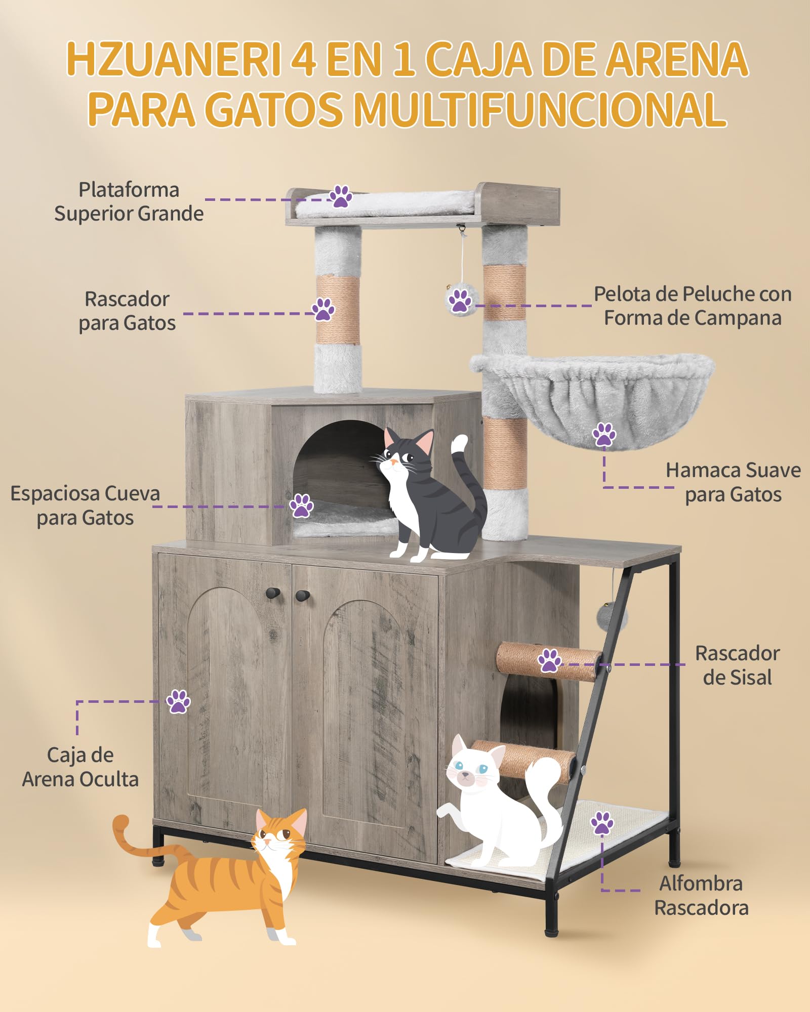 Hzuaneri Armario para Gatos, Moderna Casa para Gatos 4 en 1 con Plataforma Grande, Mueble Arenero Gato con Alfombrilla para Arañar, Postes, Escaleras y Pompón, Cojines Lavables, Greige CB81005B