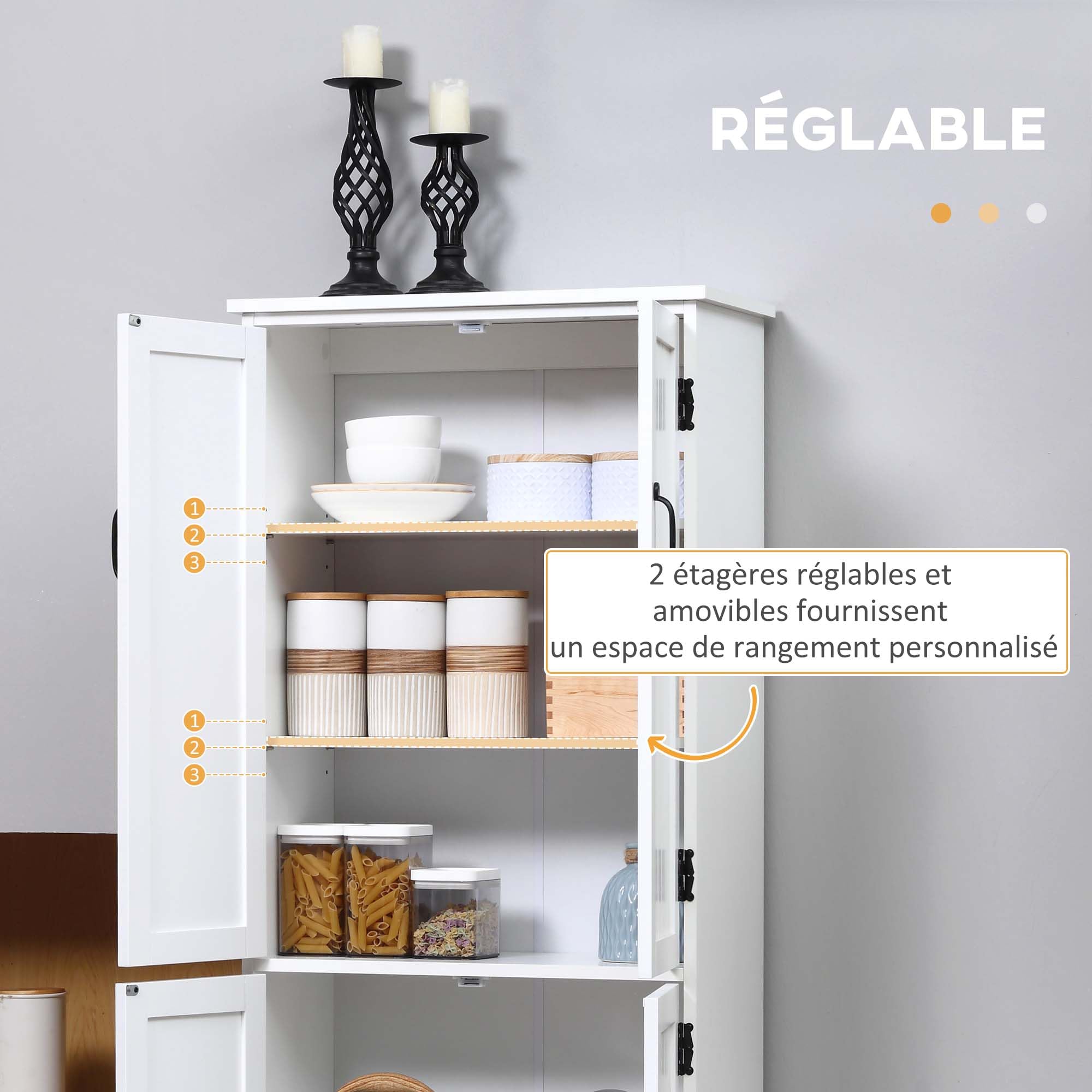 HOMCOM Buffet de Cuisine Meuble Rangement 2 Placards 60 x 30 x 123 cm Blanc | Armoire de Cuisine Contemporaine, 3 Étagères