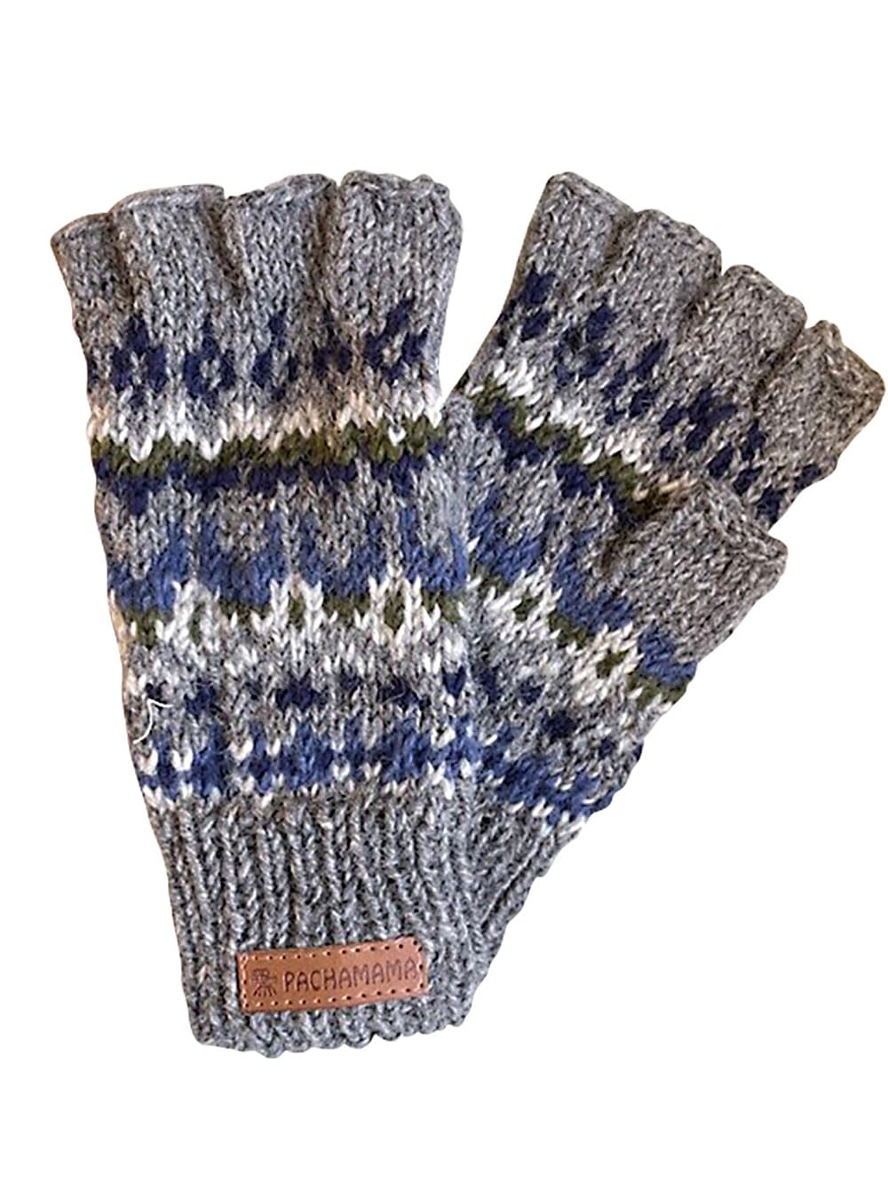 Pachamama Men 100% Wool Fingerless Gloves Handknitted Traditional Fairisle Pattern One Size Handmade Thermal Extra Warm Fair Trade (Blue, One Size)