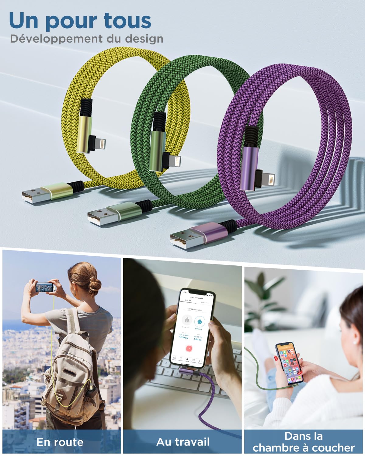 Cable iPhone,[2m/Lot de 3] Fil Chargeur iPhone Charge Rapide Tressé Longue Cordon iPhone Certifié MFi Angle Câble Lightning USB pour iPhone 13/11/14/12 Pro Max Plus Mini XR XS 8 7 6S SE,iPad,Airpods