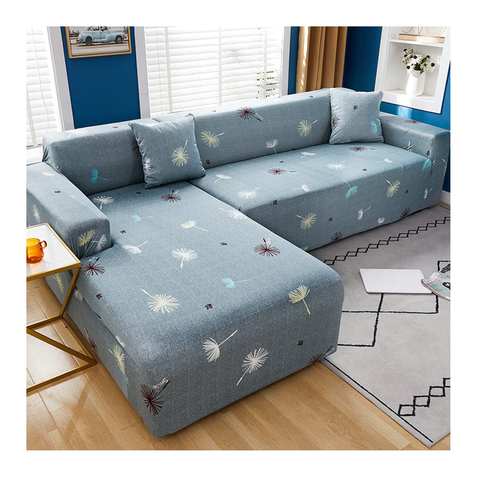 KnSam Sofabezug, Couchbezug Löwenzahn Polyester Sofahusse rutschfest Elastisch, Mit Fixierten Schaumstoffstreifen, Passend Für L Form Sofa Sofabezüge Blau Grau 3 Seater