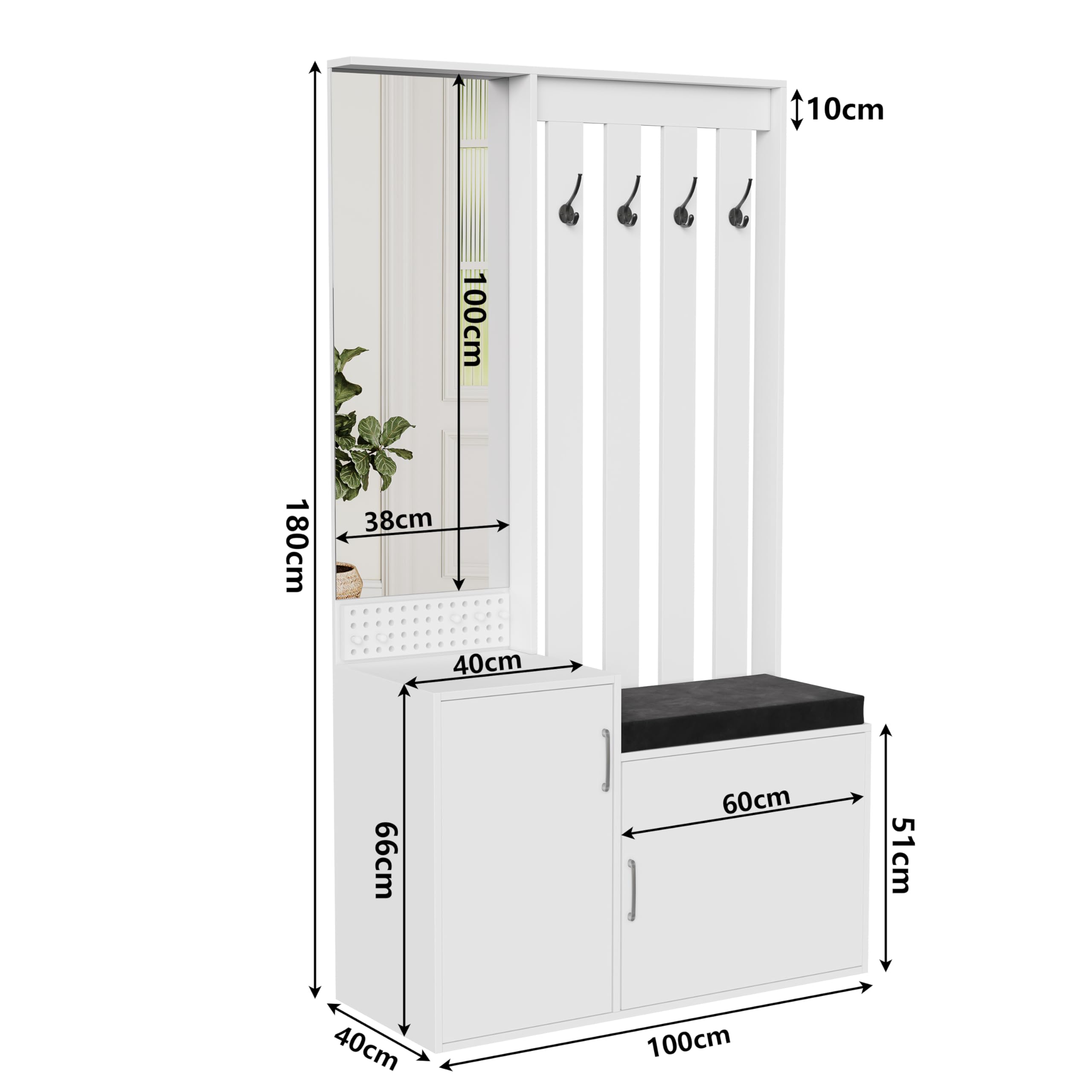 Set appendiabiti da corridoio,Mobile da ingresso con armadio, Mobile Da Ingresso Moderno con 4 ganci appendiabiti, specchio, scarpiera, appendiabiti, ripiano superiore, panca da corridoio