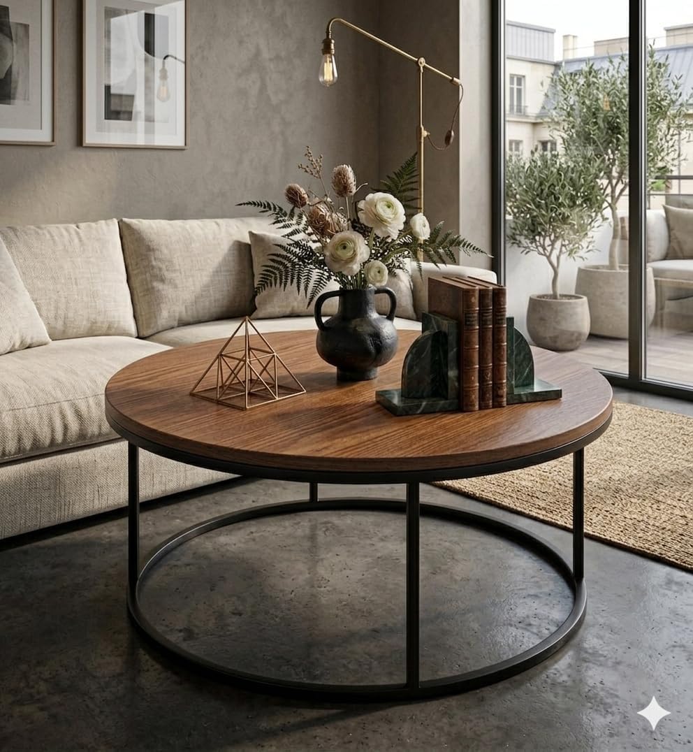 Modern Round Coffee Table with White Marble Finish Top & Gold Metal Base | Center Table for Living Room | Contemporary Accent Tea Table (Black Brown)-image-6