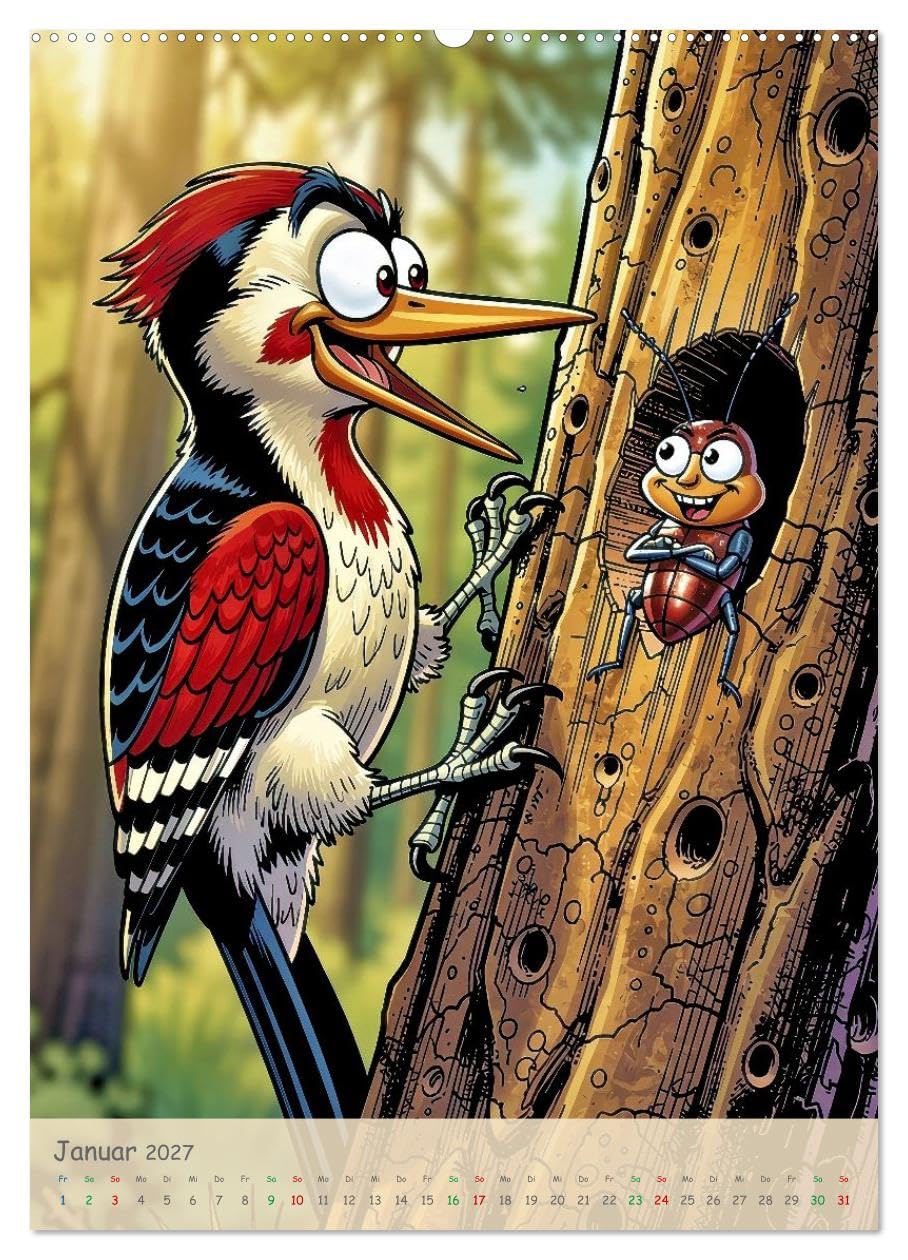 Lustige Buntspechte - Comic (hochwertiger Premium Wandkalender 2027 DIN A2 hoch), Kunstdruck in Hochglanz: Ob sie gerade fröhlich auf Bäumen trommeln, ... garantiert für gute Laune. (CALVENDO Spass)