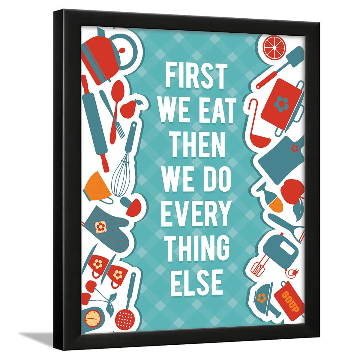 Kitchen Quotes Wall Frame - 'First We Eat' Turquoise -1