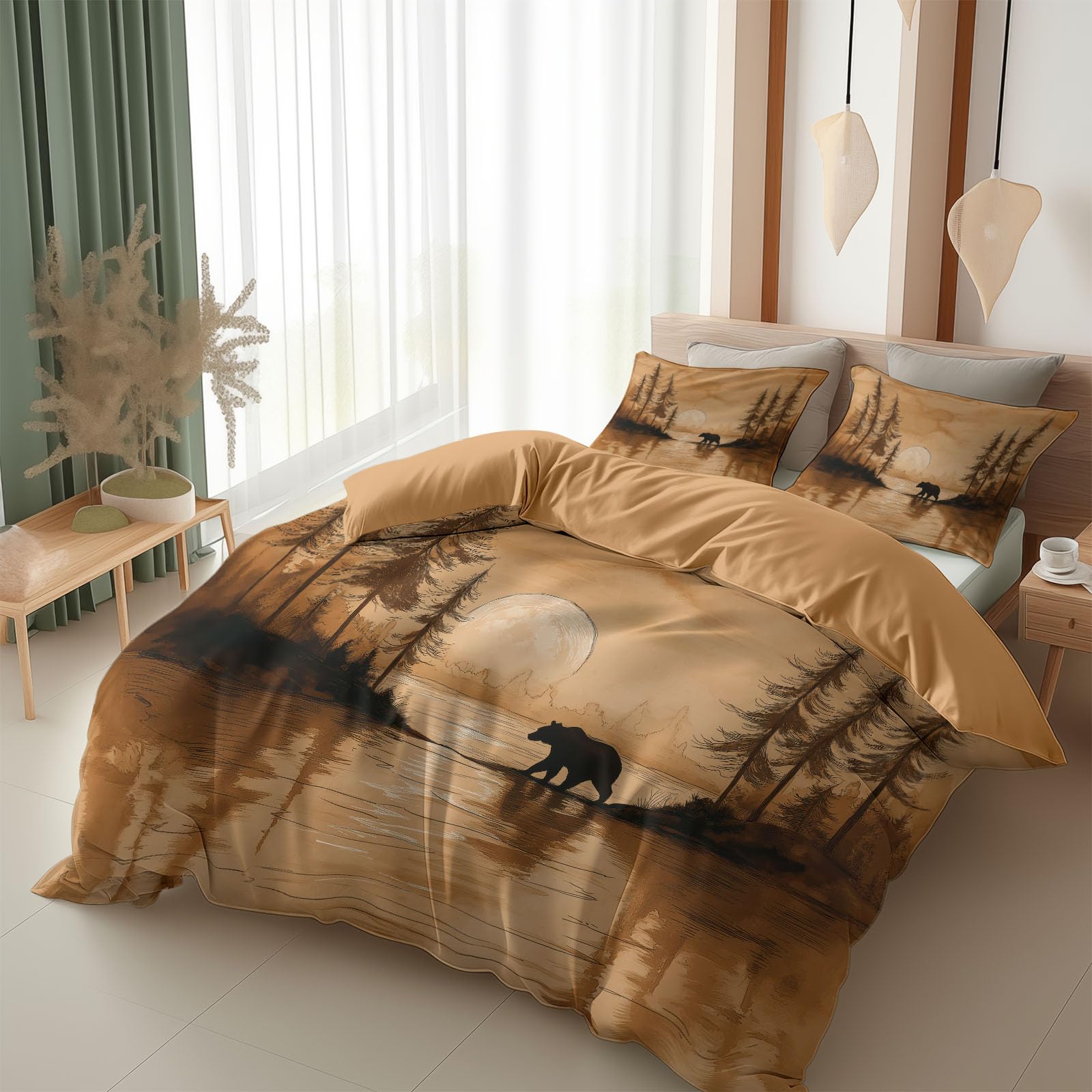 Générique 140 x 200 cm Zestaw pościeli Beżowy, Krajobraz Zachód Słońca Rozproszenie Niedźwiedzia Poszwa na kołdrę 3D Drukowana Pościel Poszwa na kołdrę z mikrofibry z zamkiem błyskawicznym dla