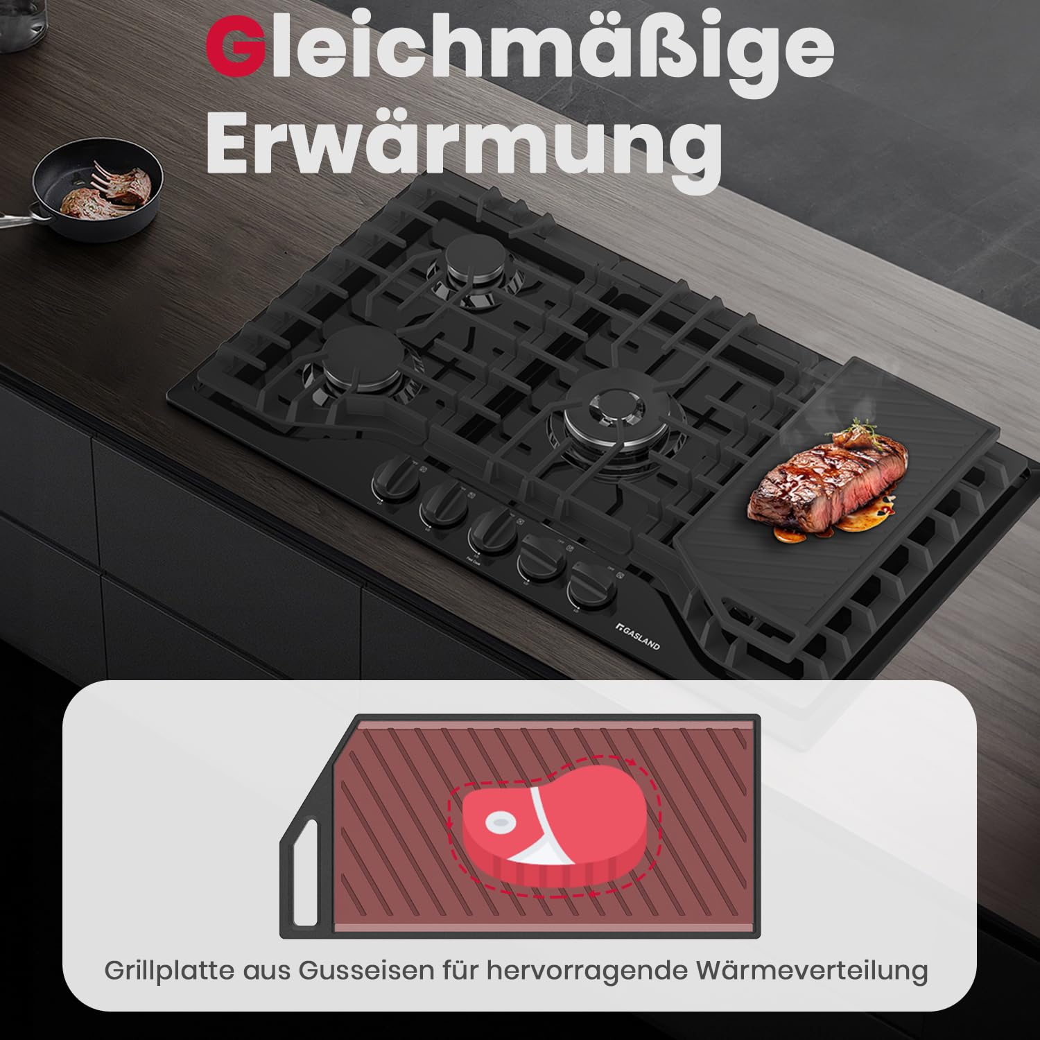 GASLAND GD-S20C Grillplatte, Grillpfannen für Gaskochfelder, Gusseisen, Rostschutz, Zubehör, Grillschale