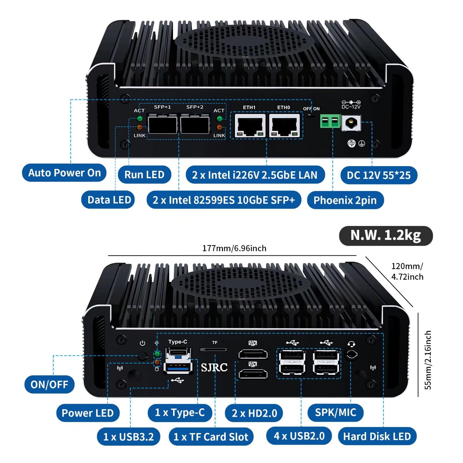 SJRC Twin Lake N150 Mini PC (up to 3.6GHz), Dual 10GbE SFP+ Ports Firewall Appliance 2 x i226V 2.5GbE LAN, Micro Router Computer for Win/Linux/OPNsense, 16GB DDR5 RAM 128GB SSD