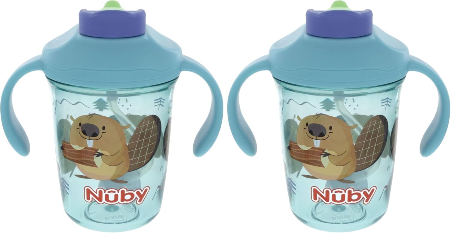 Nuby Multi-Function 2-in-1 Toddler Cup with 360° Weighted Straw and Hard Spout - 8 oz - Easy Grip Handles and Flip-It Top - 4+ Months - Dachshunds