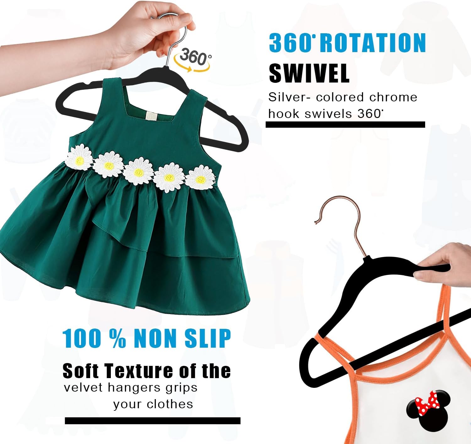 Kids Hangers Velvet, [50 Pack] Children Cloth Durable Baby Hangers for Closet - Perfect Infant Toddler Kid Hanger for Everyday Use, Non Slip 360° Hooks for Shirt, Pant, Dress (Black)