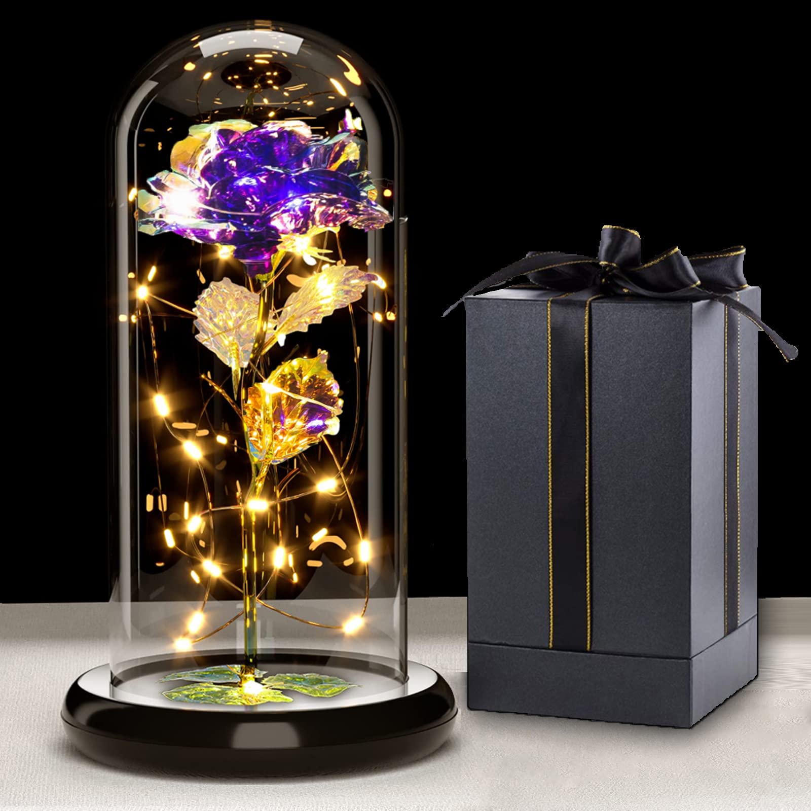 Galaxy Rose Regalo di San Valentino per Lei, Fiori di Rosa con Luce a LED, Fiore Artificiale Rosa Regalo per Donne Mamma Moglie, Fiore Rosa in Cupola di Vetro Regalo per Festa della Mamma, Compleanno