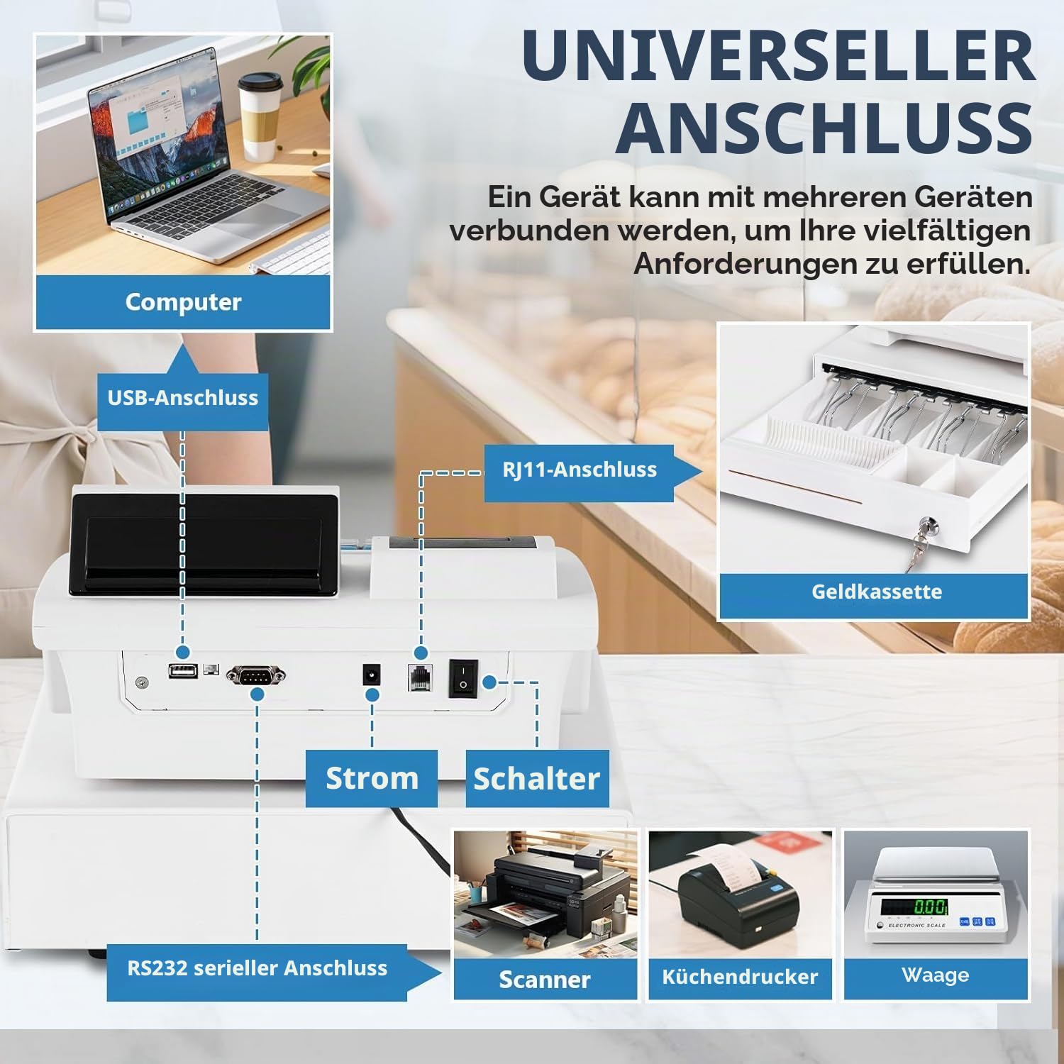 MABAOHENG Elektronische Registrierkasse mit 58 mm Thermodruck Kasse für den Handel mit LED Kundenanzeige Smart-Kassensystem Einzelhandel mit Kassenschublade für Gastronomie/Einzelhandel (English)